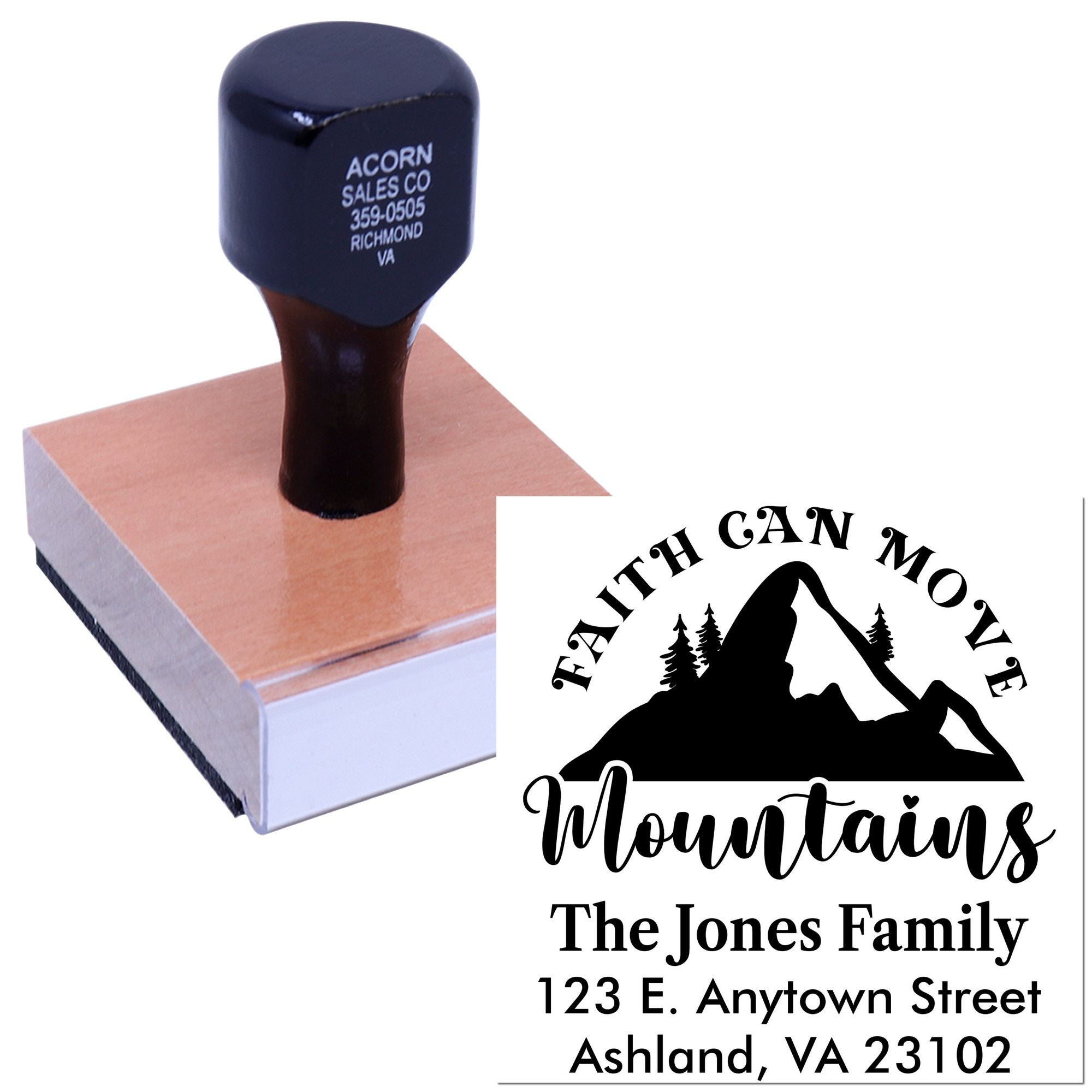 Custom rubber address stamp with mountain family design and Faith Can Move Mountains text for personalized mailings.
