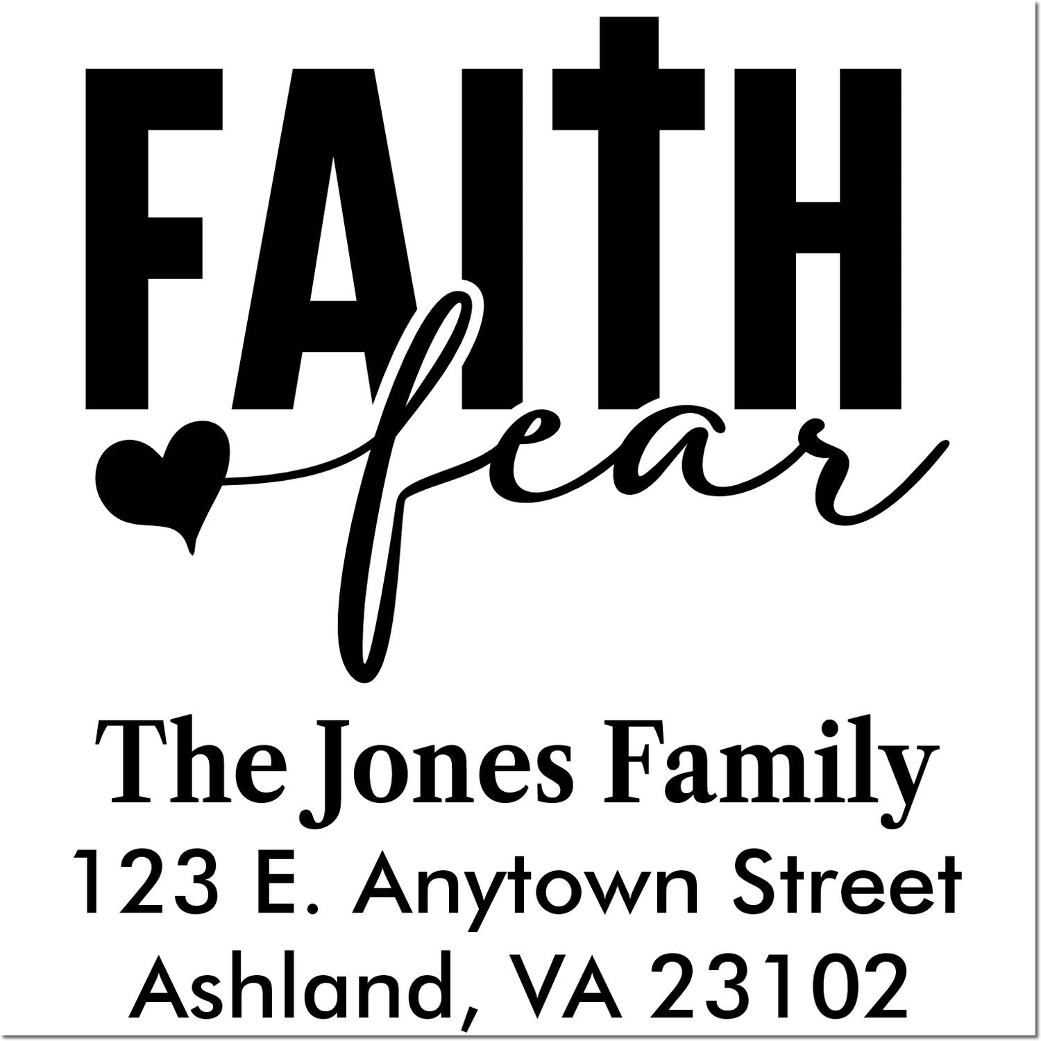 Custom faith return address rubber stamp with heart, The Jones Family, and Ashland, VA 23102 address.