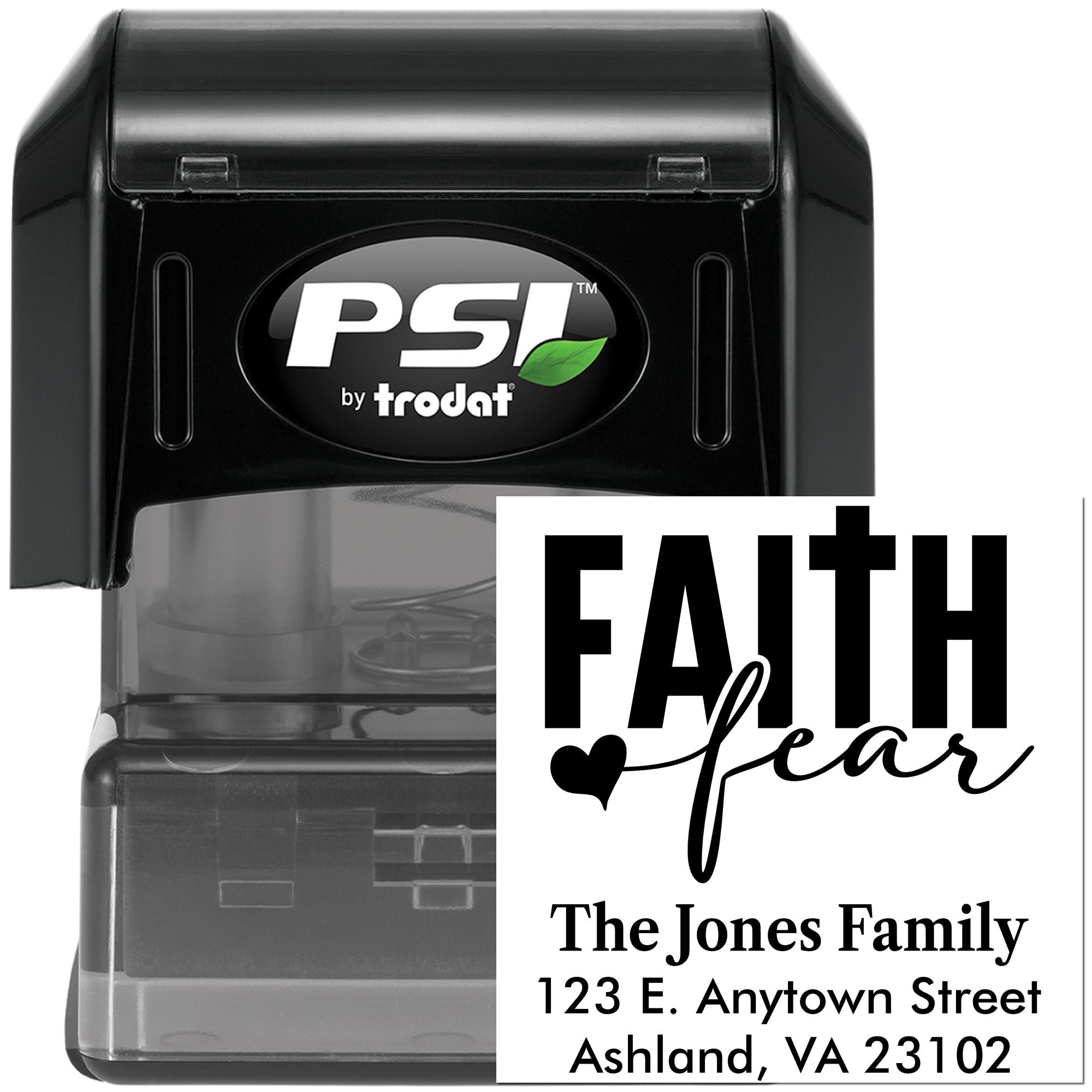 Custom self-inking faith address rubber stamp by PSI Trodat with The Jones Family return address and Faith dear design.