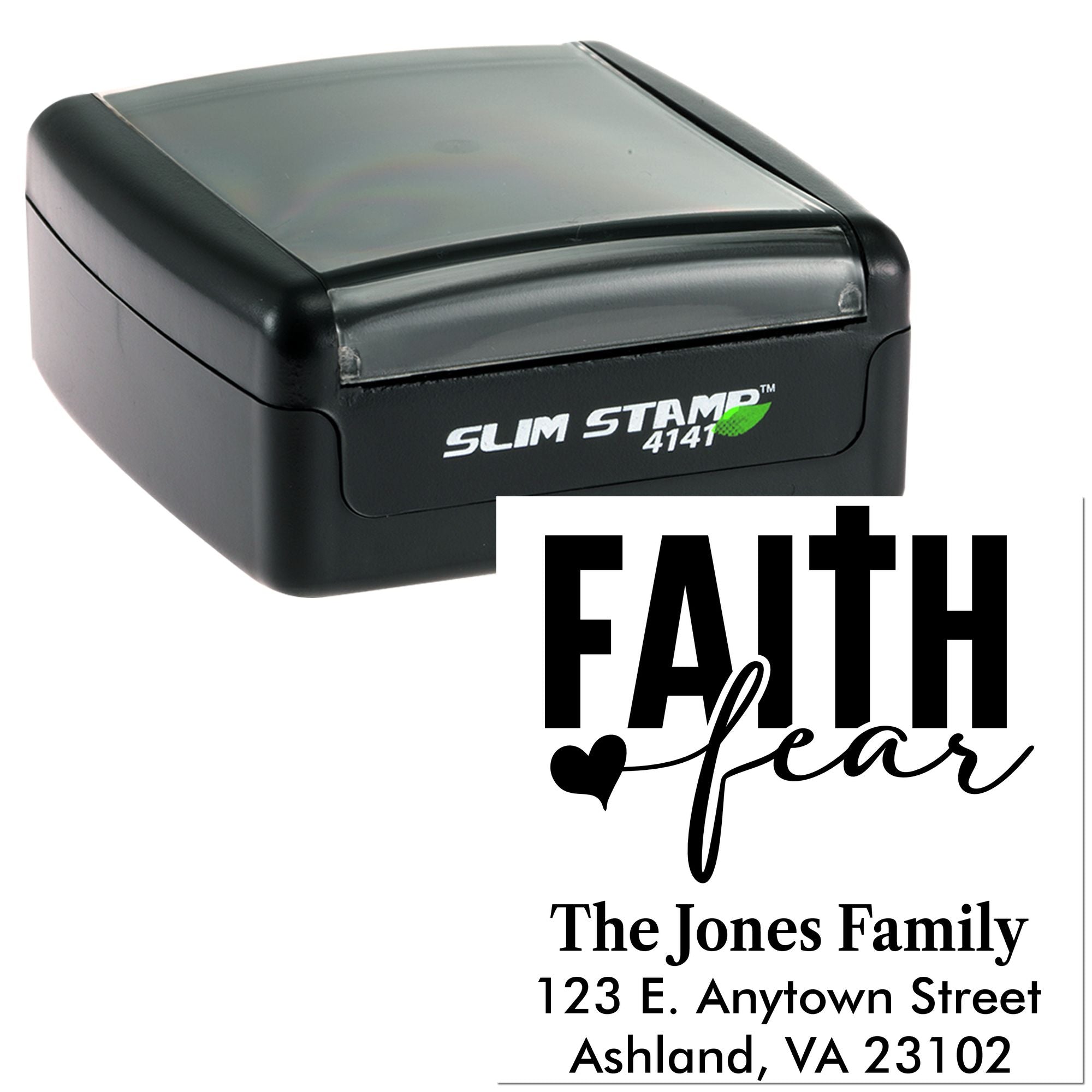 Custom self-inking rubber stamp with Faith Year design and address, perfect for personalized return mailing labels.