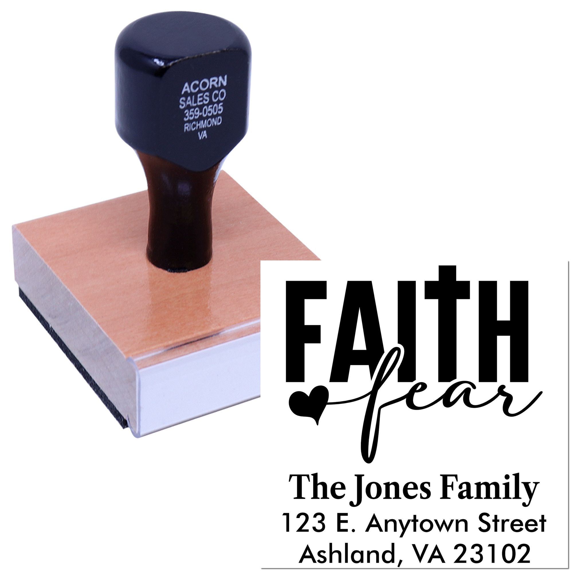 Personalized faith over fear return address rubber stamp for The Jones Family with custom home address.