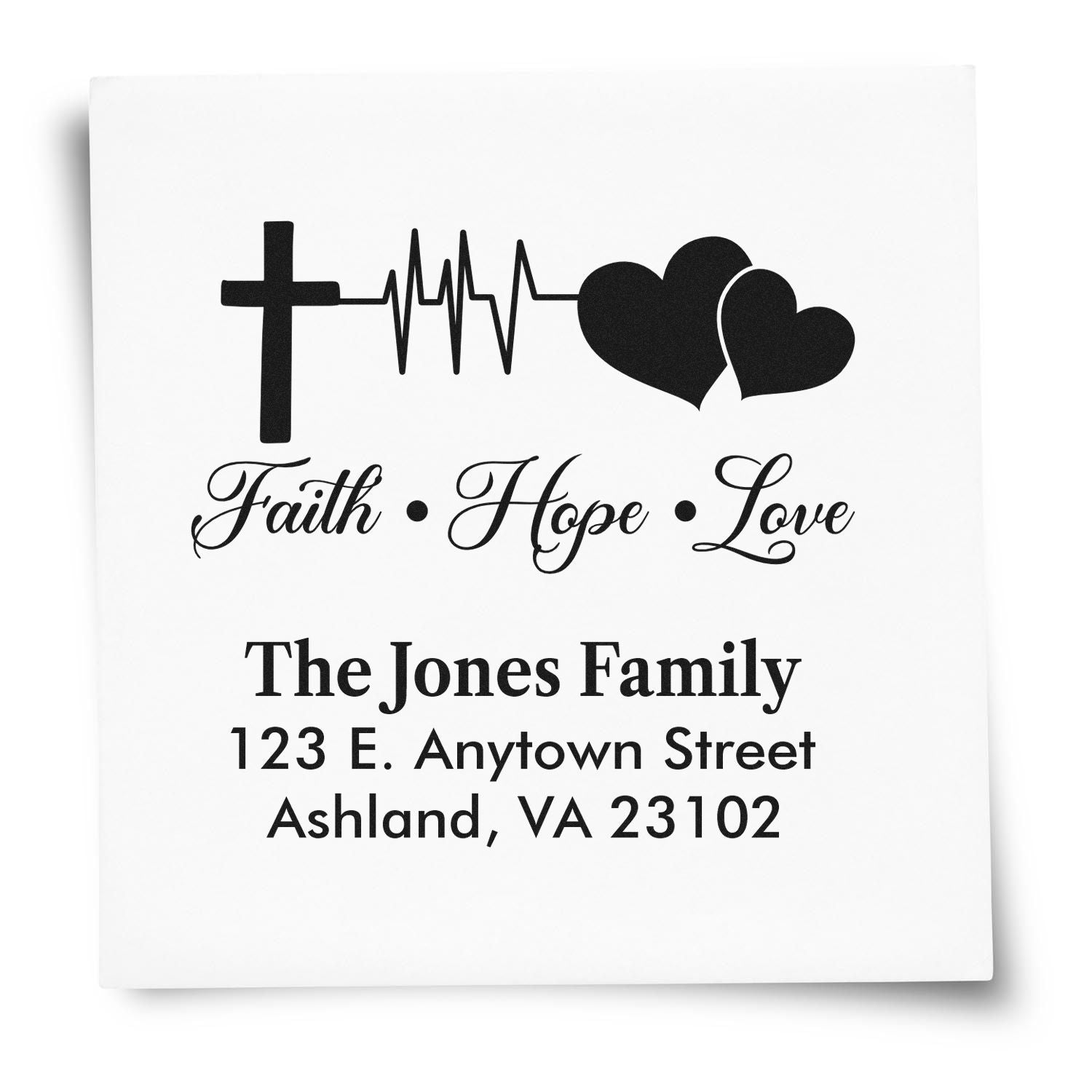Personalized faith, hope and love address rubber stamp with cross, heartbeat and hearts for The Jones Family.