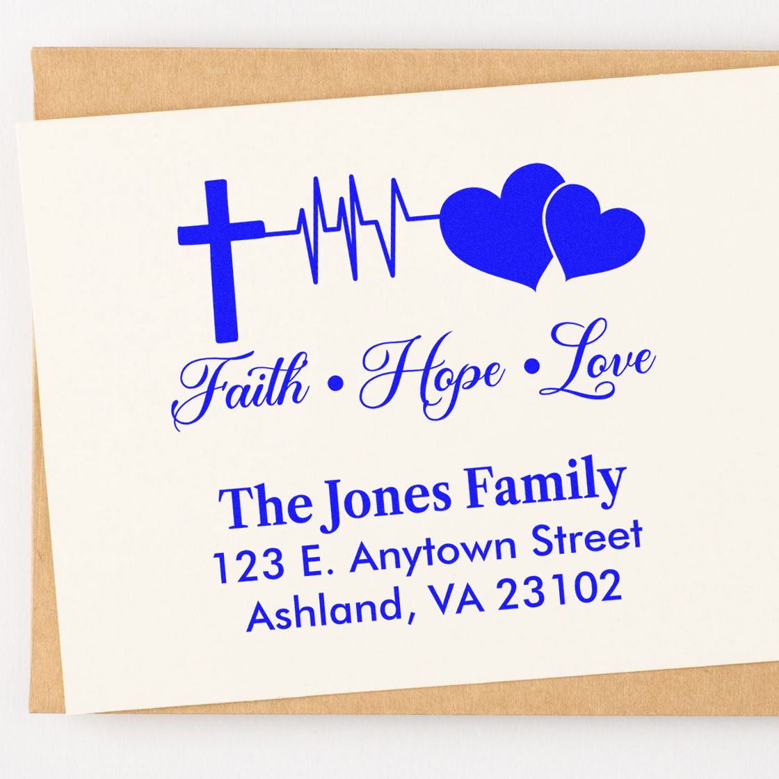 Custom religious return address rubber stamp with cross, heartbeat line and hearts; Faith Hope Love family address design.