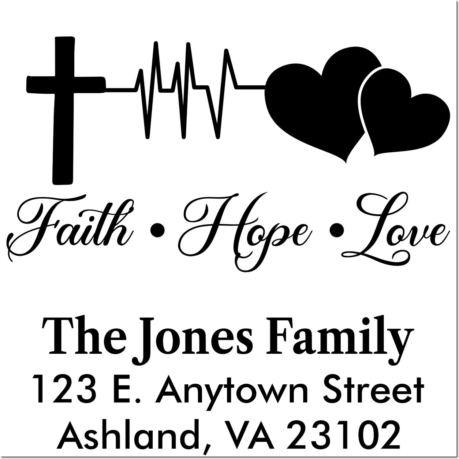 Custom faith, hope, love return address rubber stamp with cross, heartbeat line, hearts, family name, and address