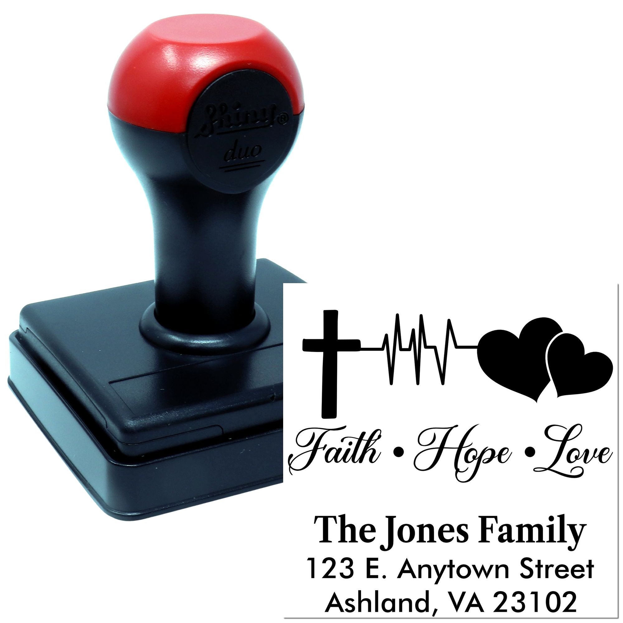 Custom self-inking rubber stamp for Christian family address imprint with Faith, Hope, Love design