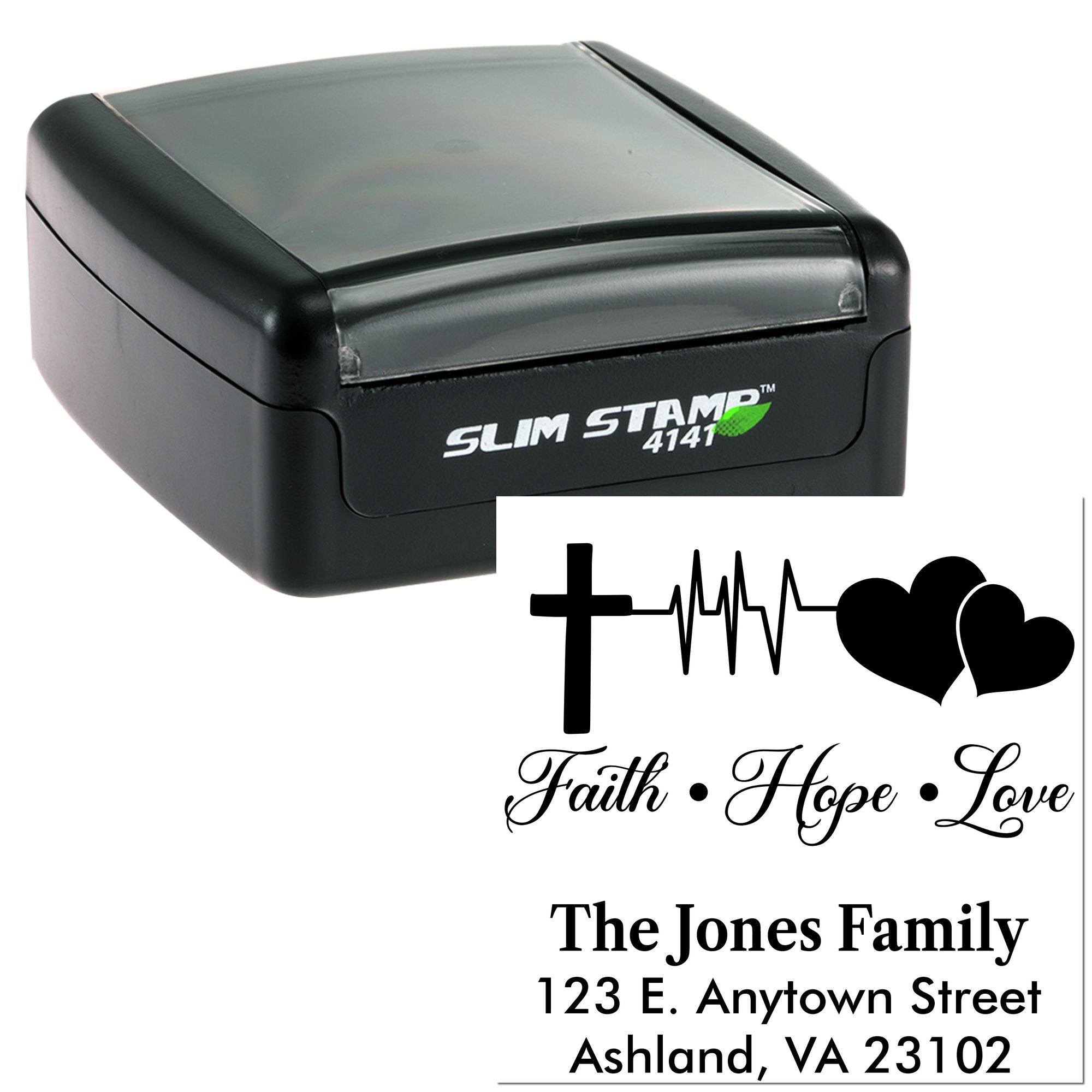 Slim Stamp 4141 self-inking rubber stamp with Faith Hope Love design and custom return address imprint.