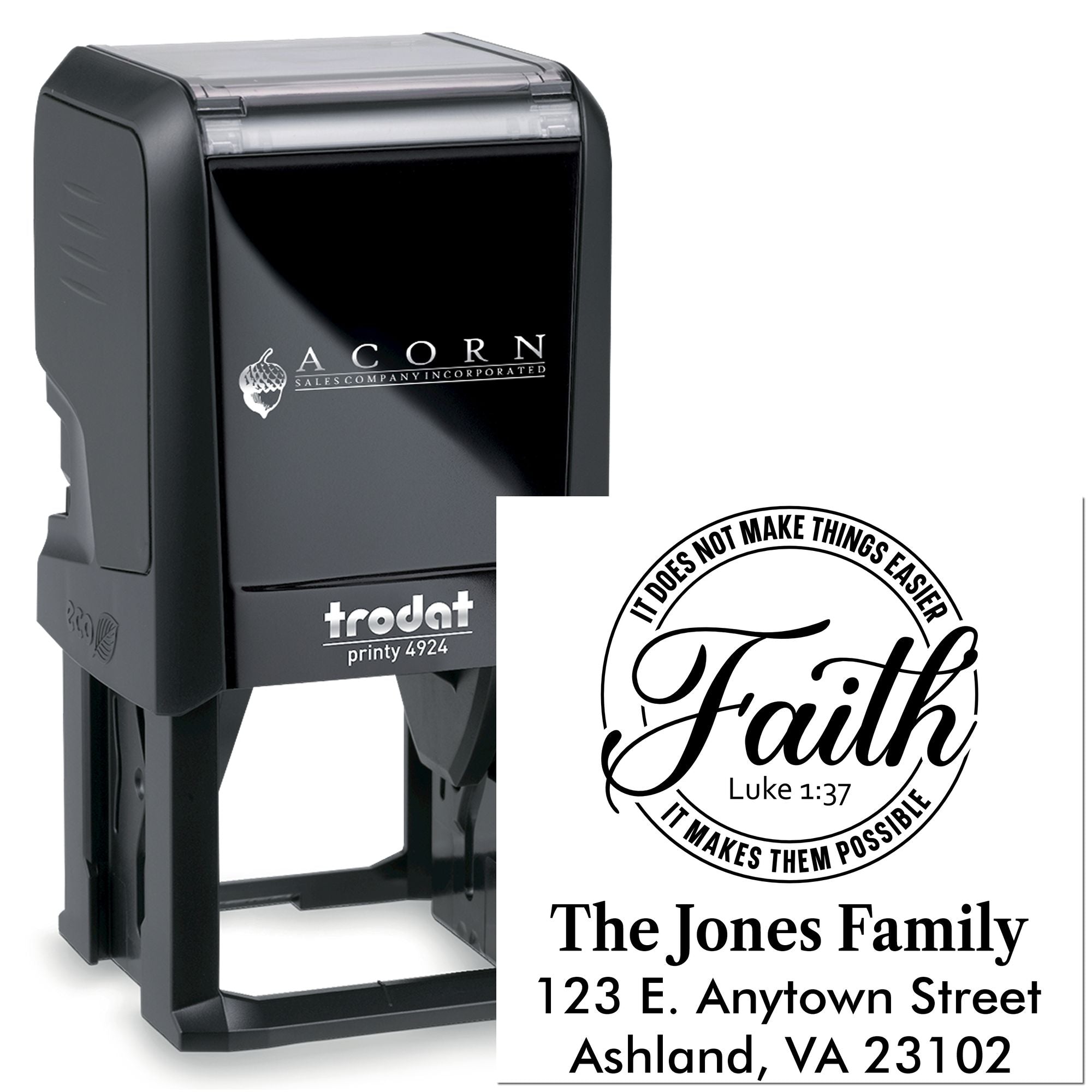 Custom self-inking rubber address stamp with Faith Bible verse design, shown on Trodat Printy 4924 stamp.