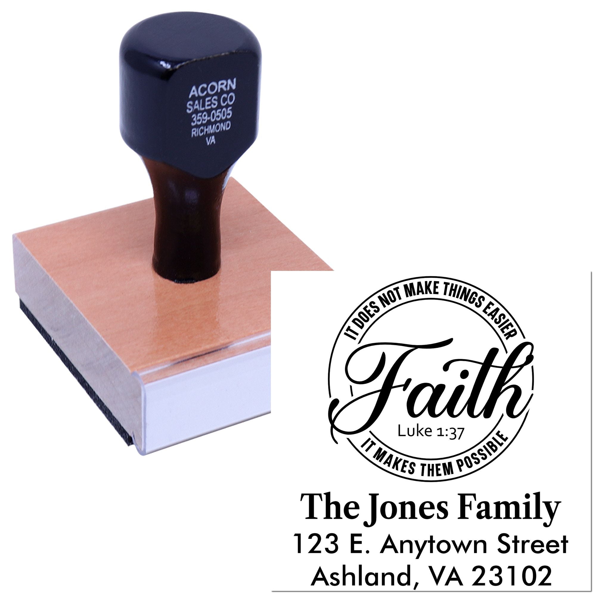 Custom rubber stamp on ink pad with faith family address stamp design for personalized Christian return address use.