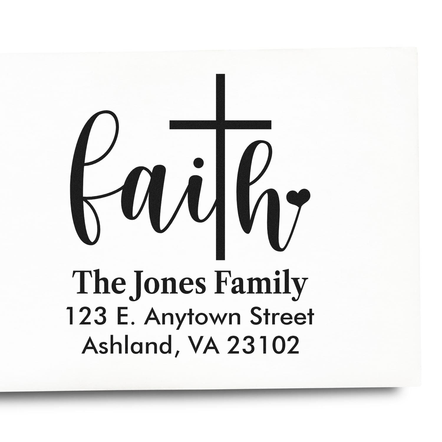 Custom faith rubber stamp with cross, The Jones Family name, and return address for envelopes and stationery.
