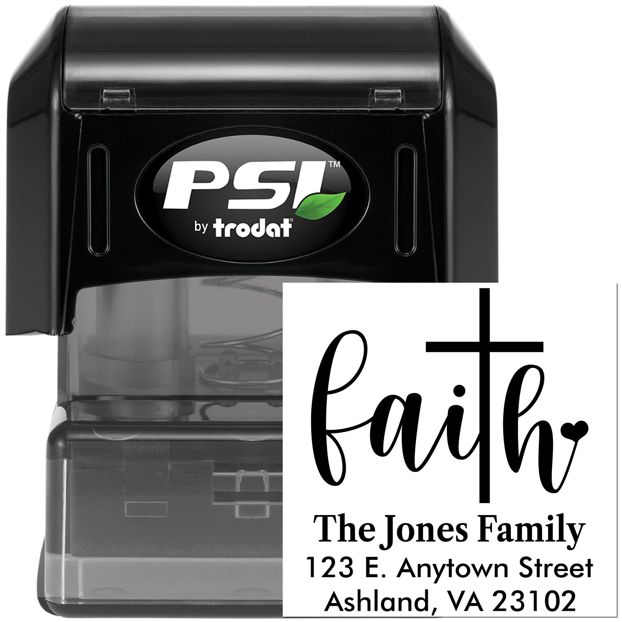 Faith return address self-inking rubber stamp with cross design, ideal for Christian family mailings and envelopes.