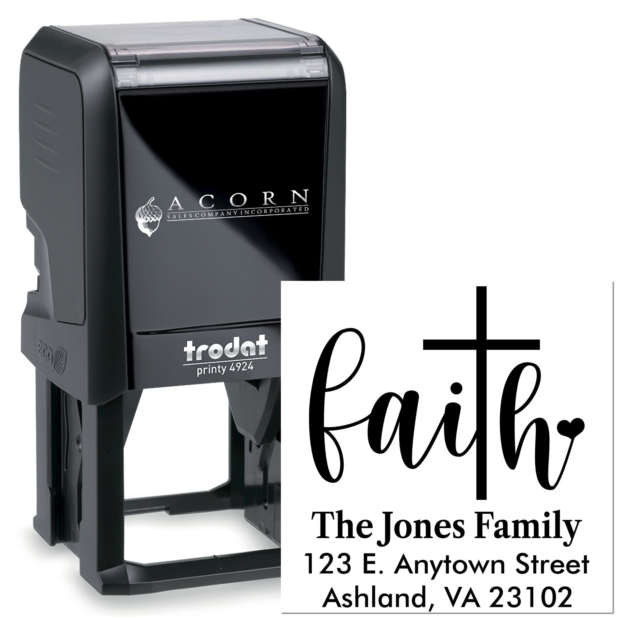 Custom self-inking rubber stamp with faith design, family name, and address for personalized mailing.