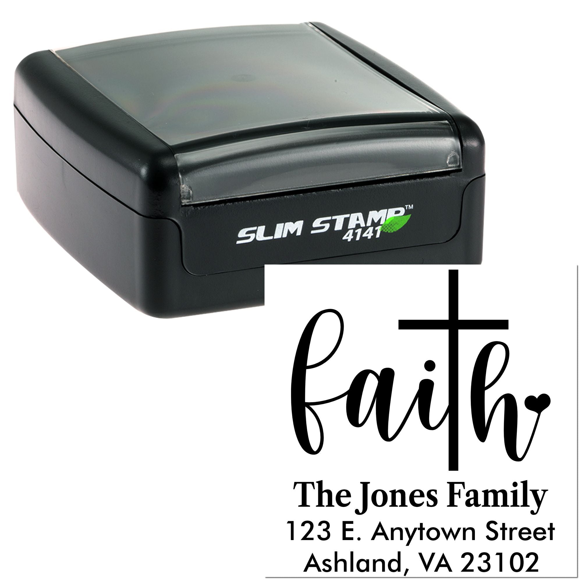 Custom self-inking rubber stamp with cross and faith family address design for Christian return address labels.
