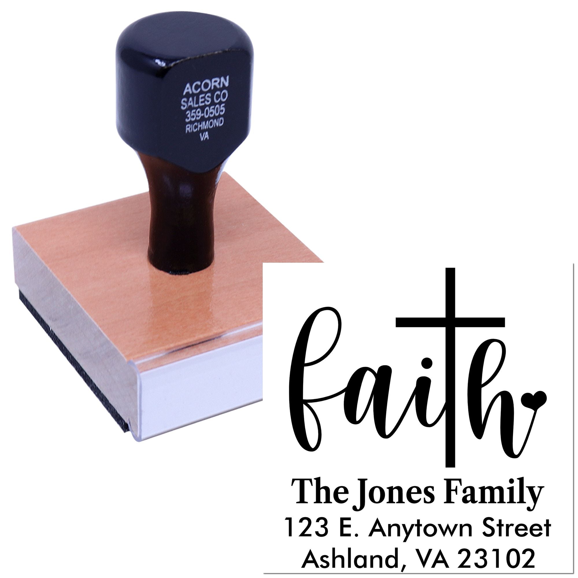 Custom faith return address rubber stamp with family name, cross design, and home address for personalized mailing.