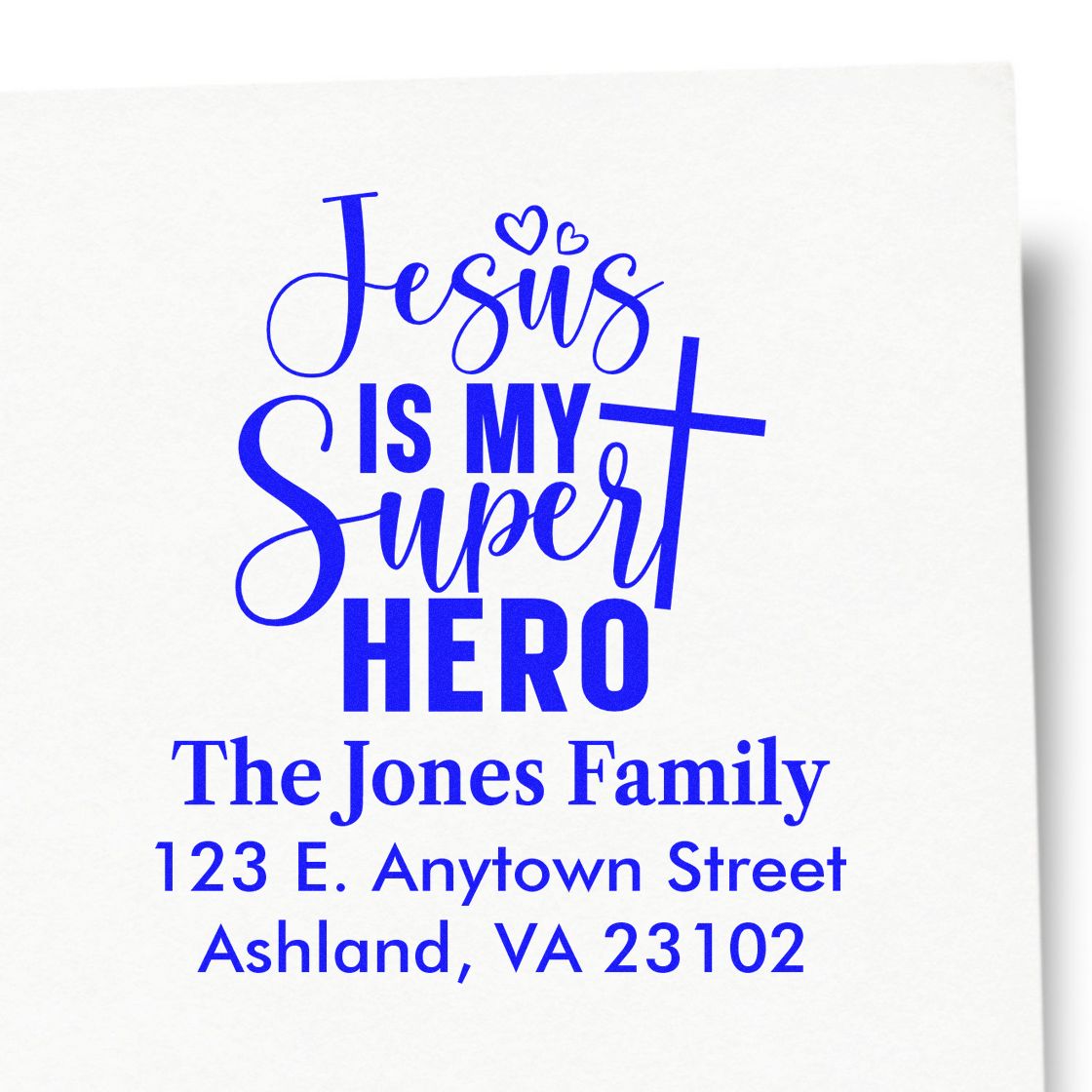 Custom Christian address rubber stamp with Jesus Is My Super Hero, The Jones Family name, and mailing address.