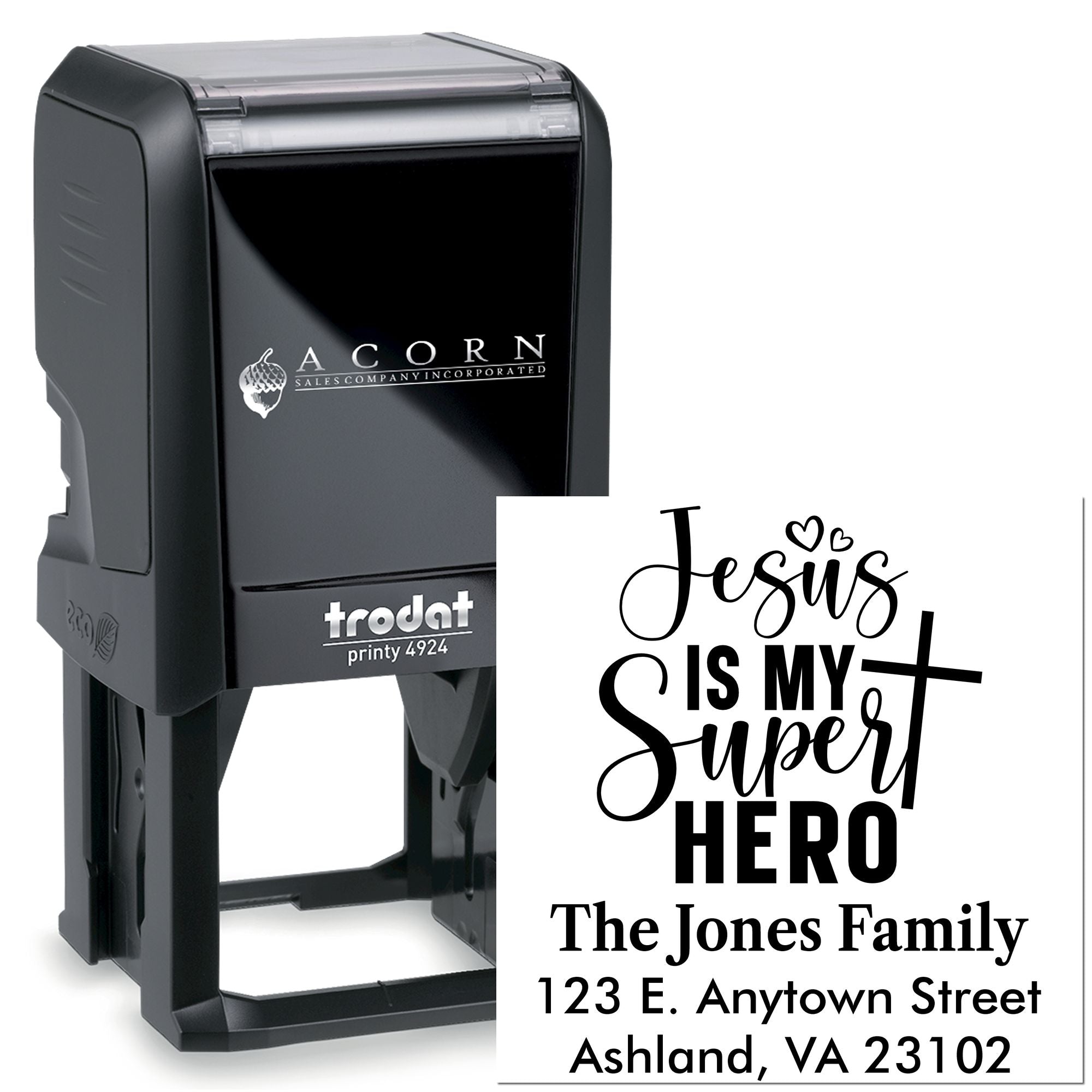 Custom self-inking rubber stamp with Jesus Is My Super Hero design and family address for personalized mailing.