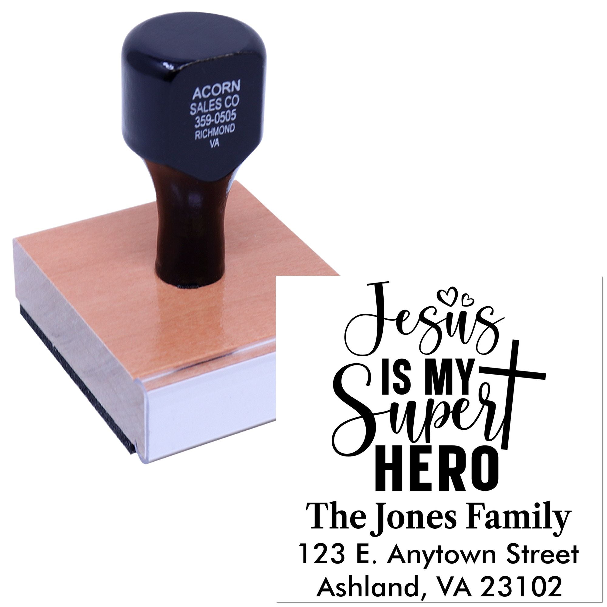 Custom Christian rubber stamp with Jesus Is My Super Hero and personalized family return address.