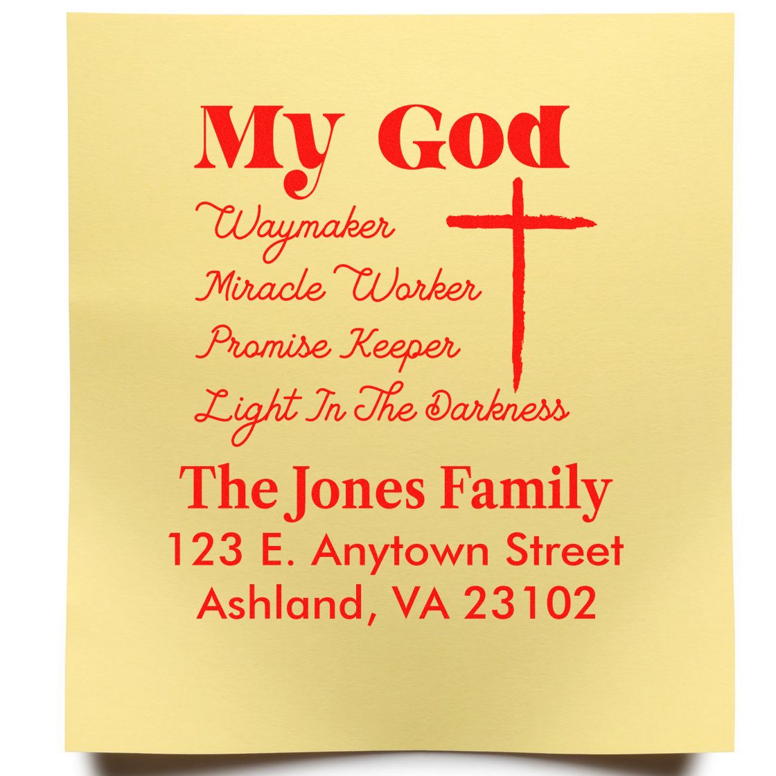 Custom Christian return address rubber stamp with cross and My God Waymaker faith message for The Jones Family.