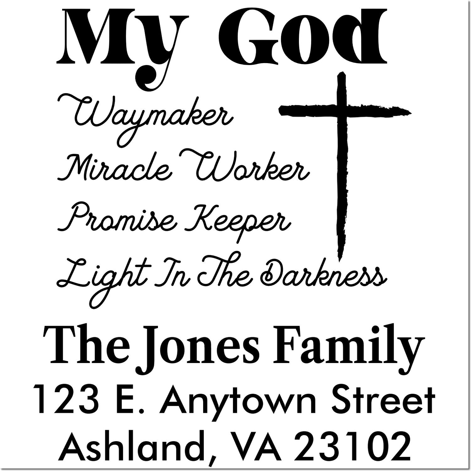 Custom Christian return address rubber stamp with cross, faith phrases, and The Jones Family, Ashland VA 23102.