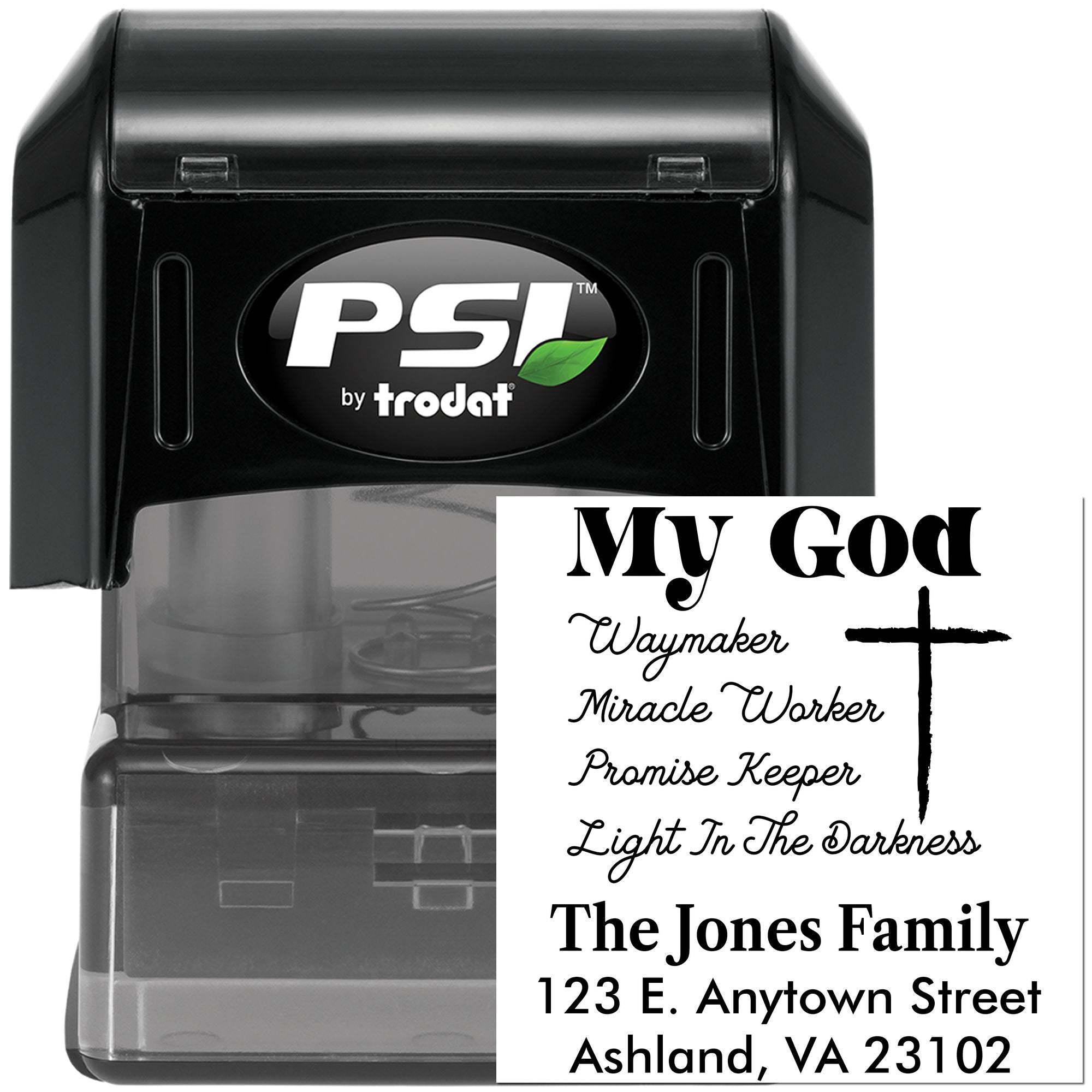 Custom self-inking rubber stamp by PSI Trodat featuring a Christian family address design with cross icon.