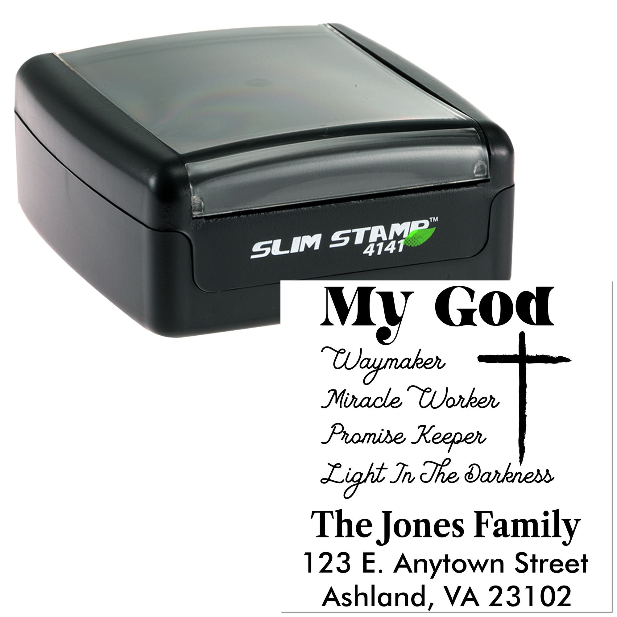 Slim Stamp 4141 self-inking rubber stamp showing a custom Christian message with cross, family name, and address.