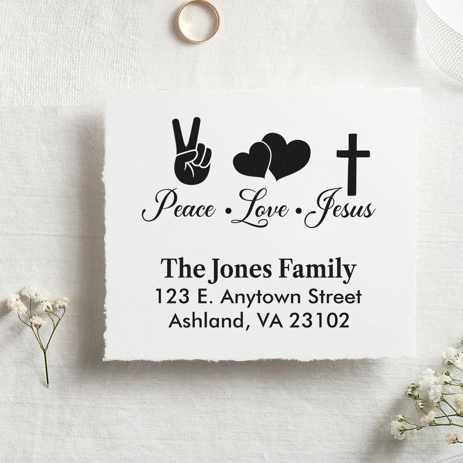 Custom return address rubber stamp with Peace Love Jesus design for The Jones Family, perfect for Christian mailings and gifts.
