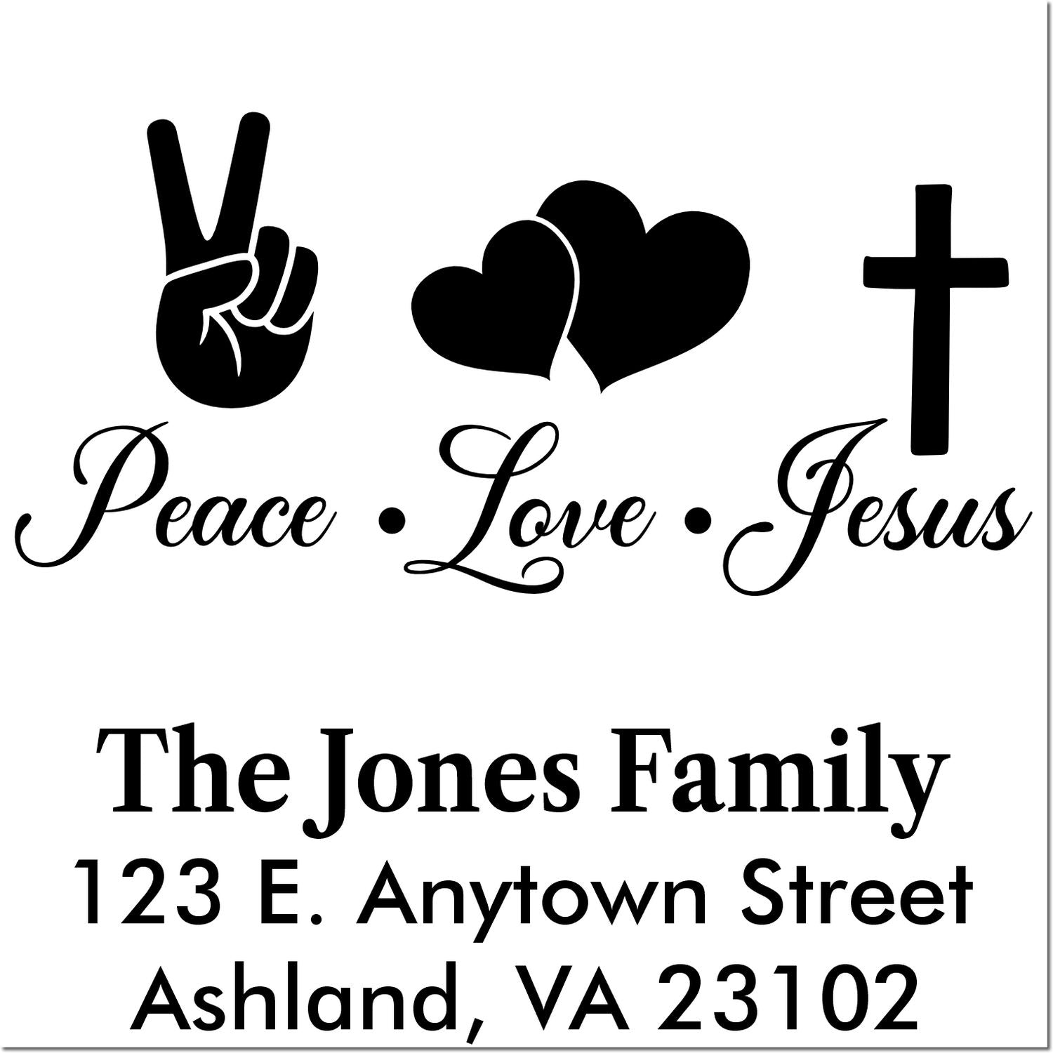 Custom Christian rubber stamp with Peace Love Jesus design and family address for faith-based stationery and mailings.