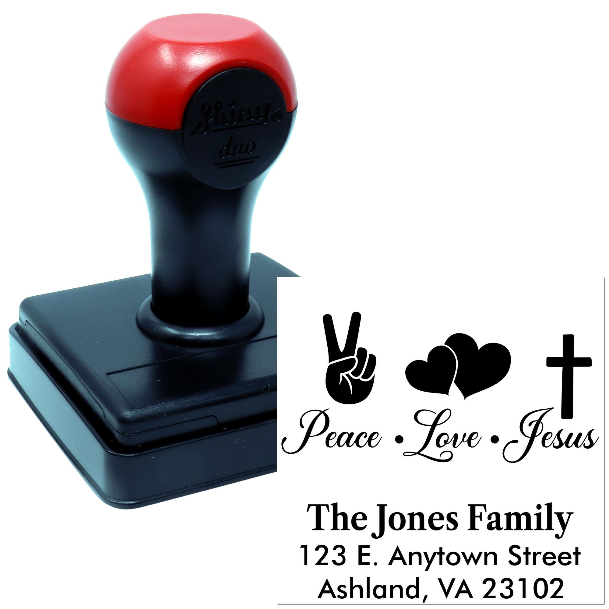 Custom self-inking return address rubber stamp with Peace, Love, Jesus design for The Jones Family.