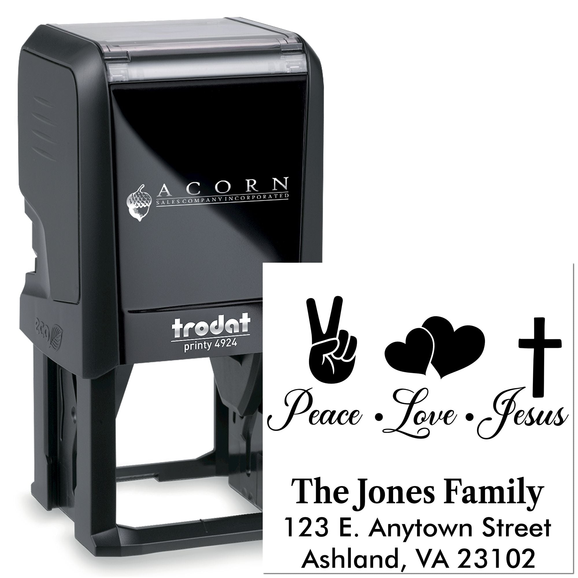 Custom self-inking rubber stamp with Peace Love Jesus design, family name, and address on Trodat Printy 4924.