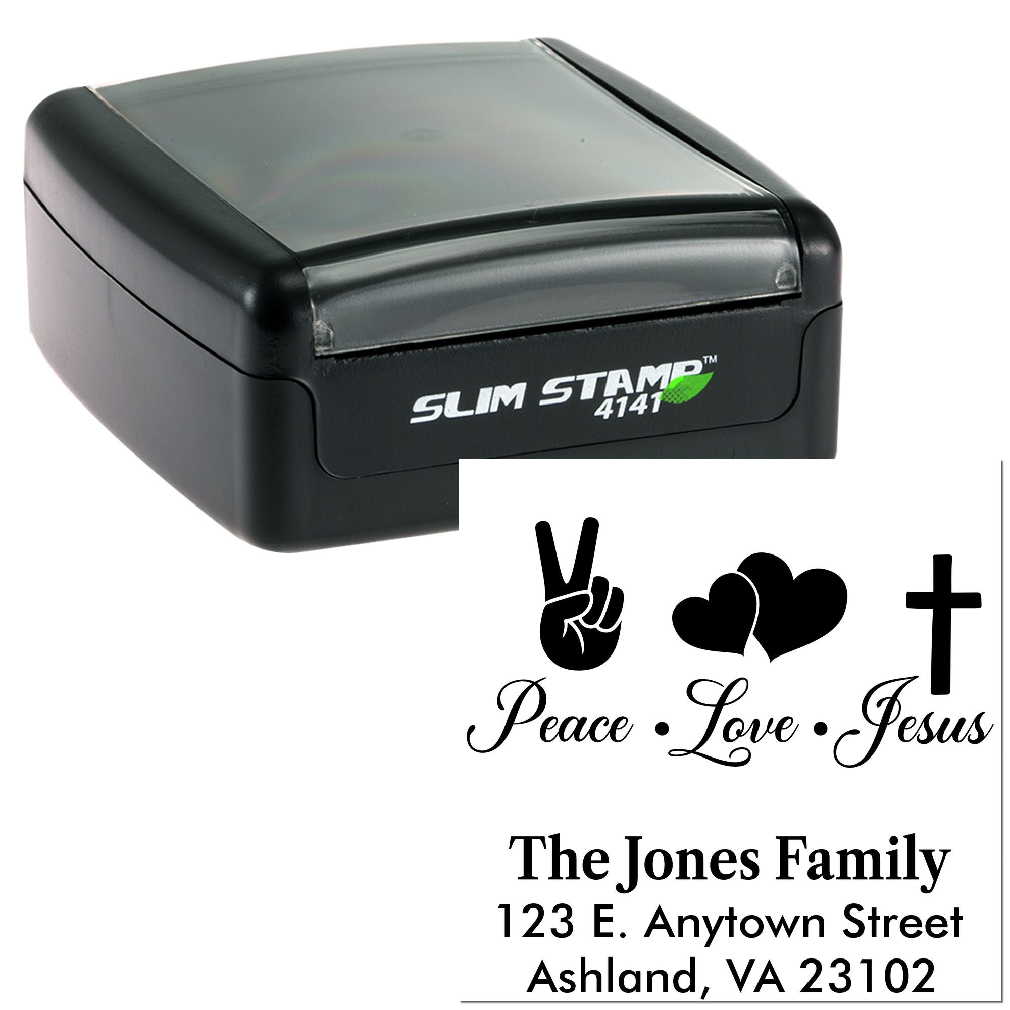 Custom self-inking rubber address stamp with Peace, Love, Jesus design and family return address imprint