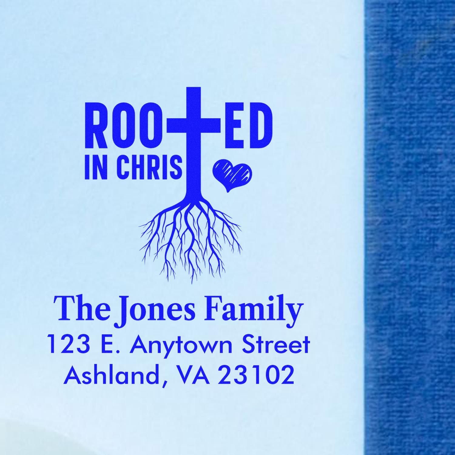 Personalized Christian return address rubber stamp with Rooted in Christ cross-tree design for family mailings.