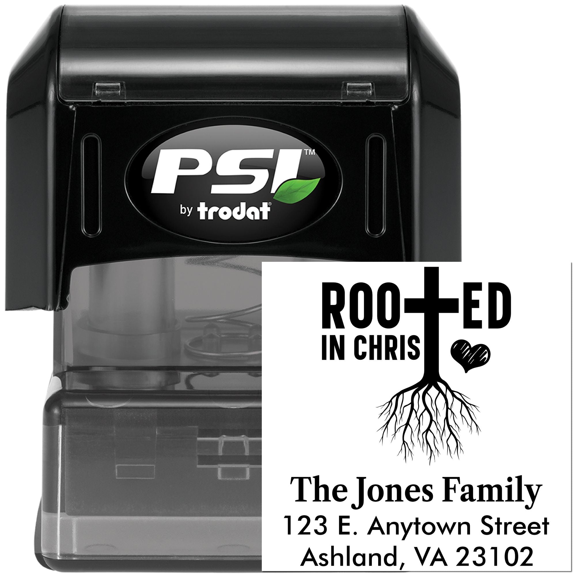 Custom self-inking rubber address stamp for The Jones Family, featuring Rooted in Christ tree-root design.