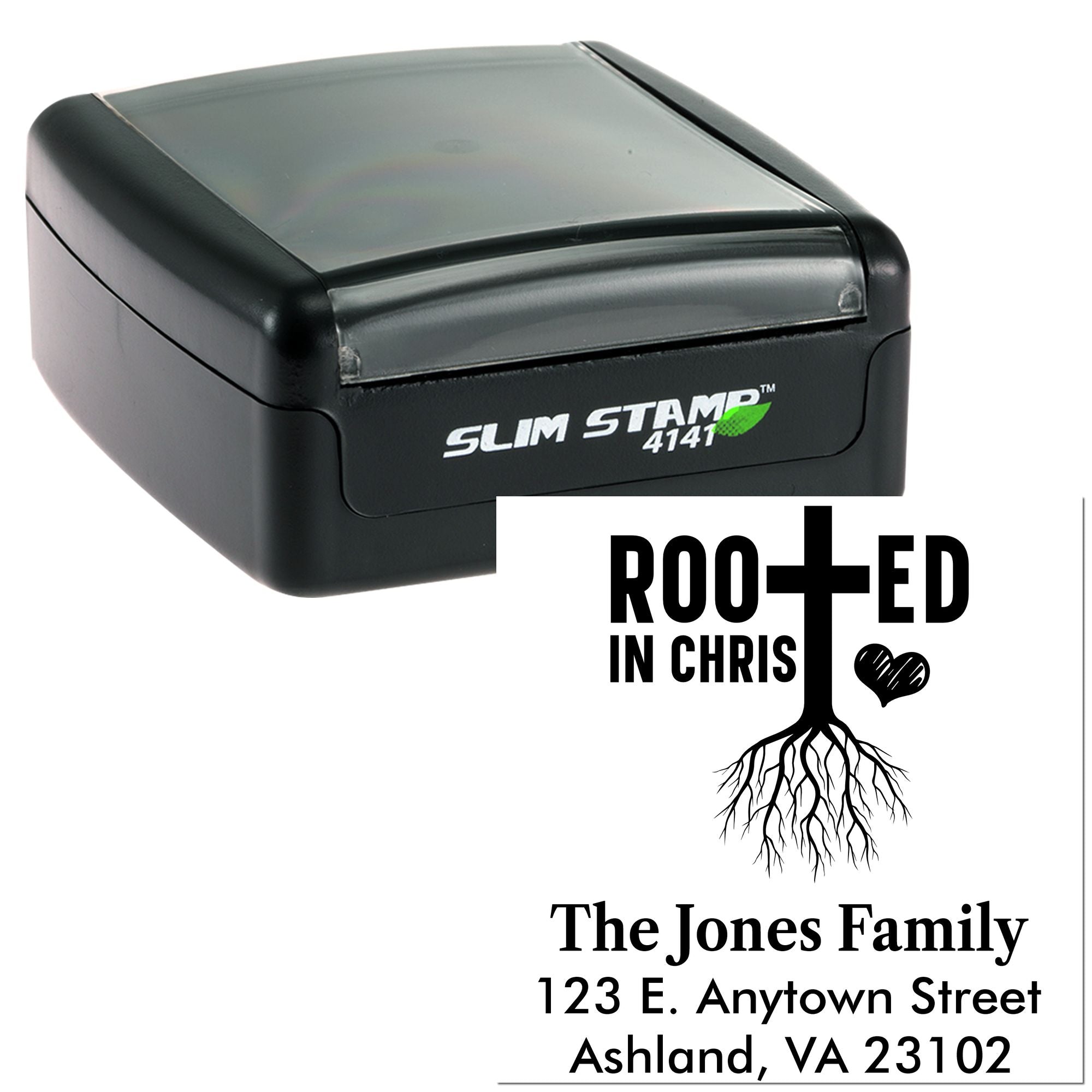 Slim Stamp 4141 self-inking rubber stamp with custom Christian family address design reading Rooted in Christ.