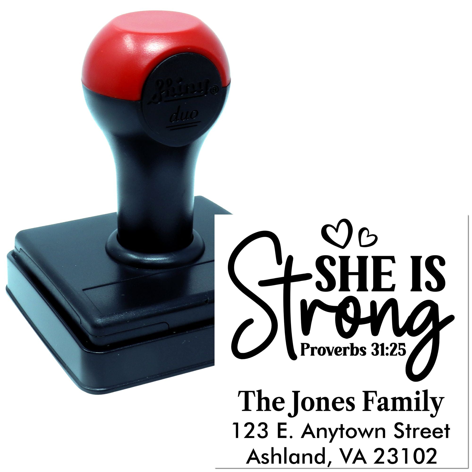 Custom self-inking rubber stamp with Proverbs 31:25 She is Strong and personalized family address design.