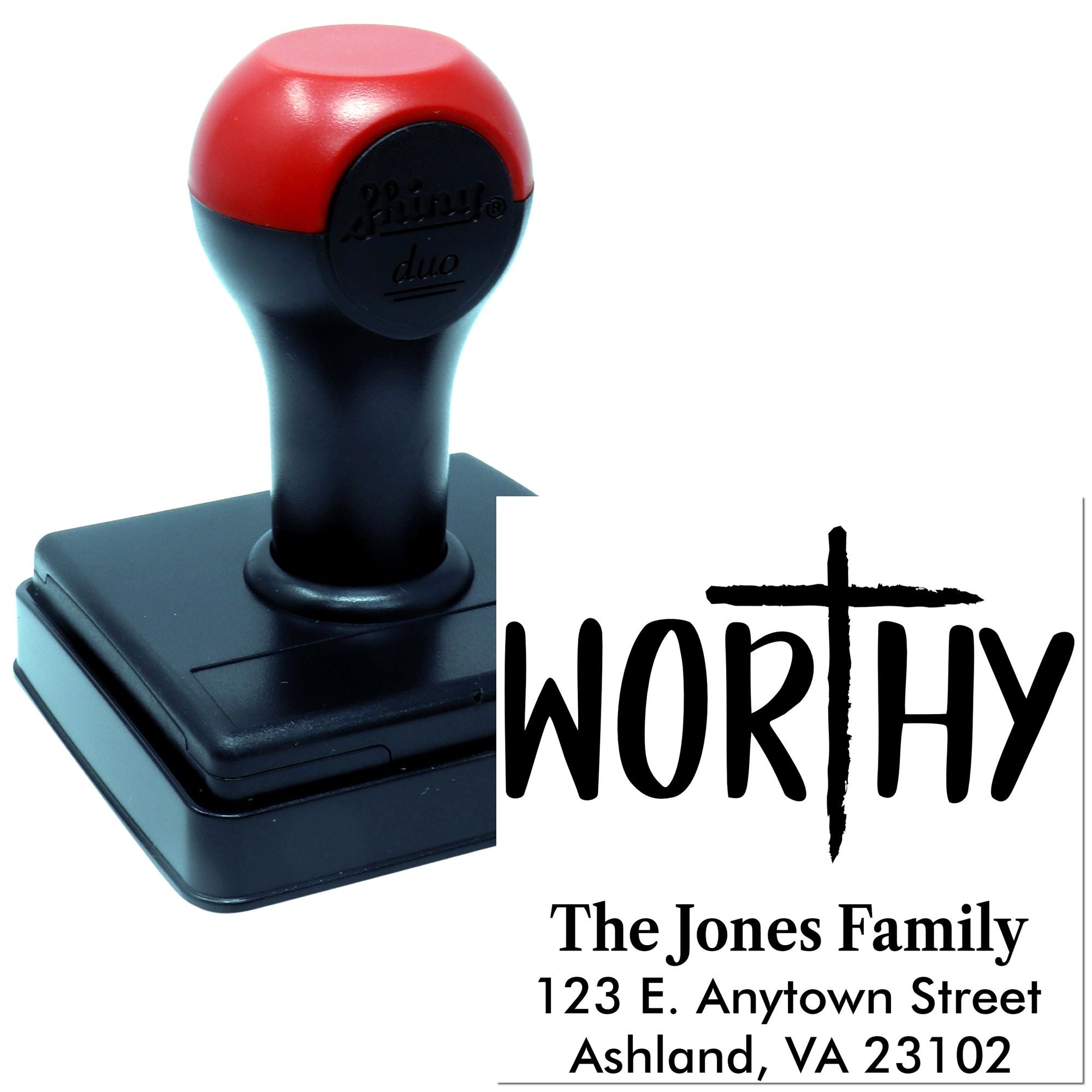 Custom self-inking rubber stamp with WORTHY design and family address imprint for personalized mail.