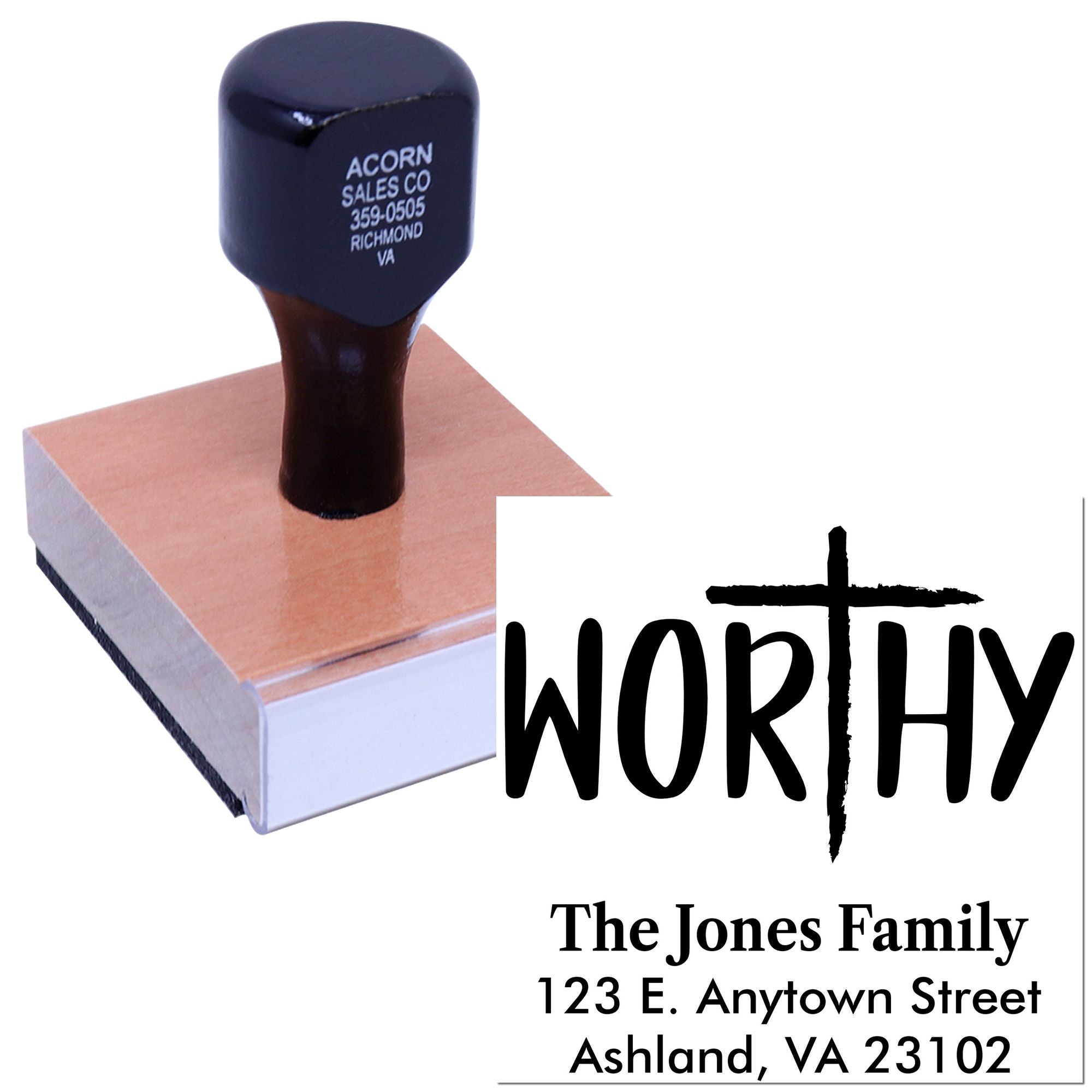 Custom rubber return address stamp featuring Worthy family name and home address for personalized mailing.