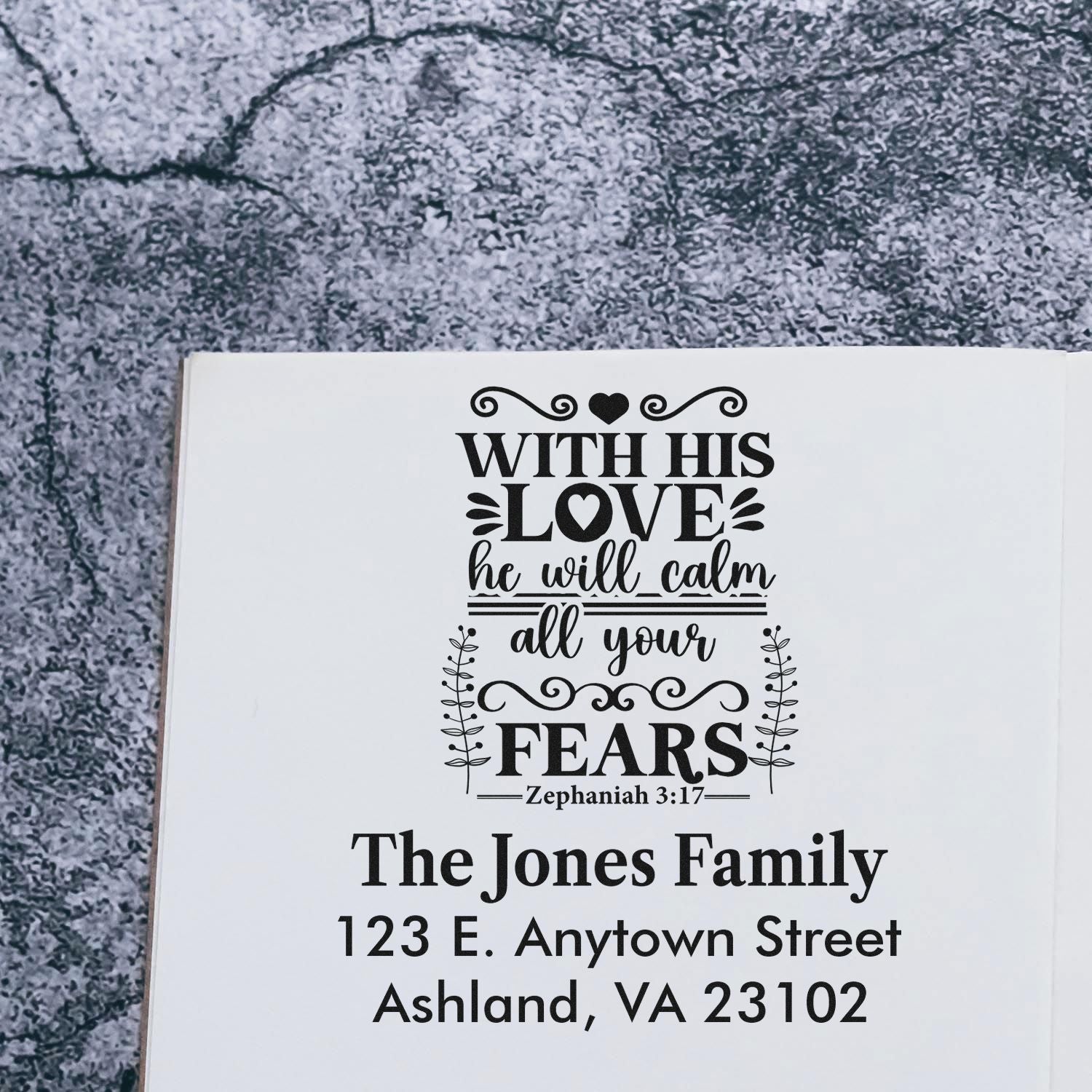 Personalized Christian return address rubber stamp with Bible verse and family name in elegant script design.