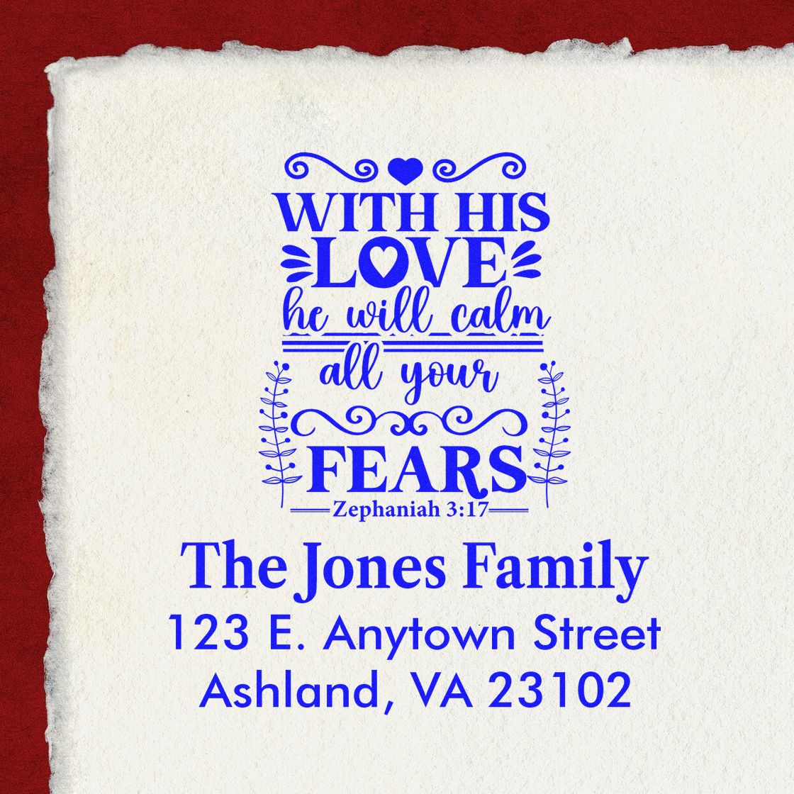 Custom Christian return address rubber stamp with Zephaniah 3:17, The Jones Family, Ashland, VA.