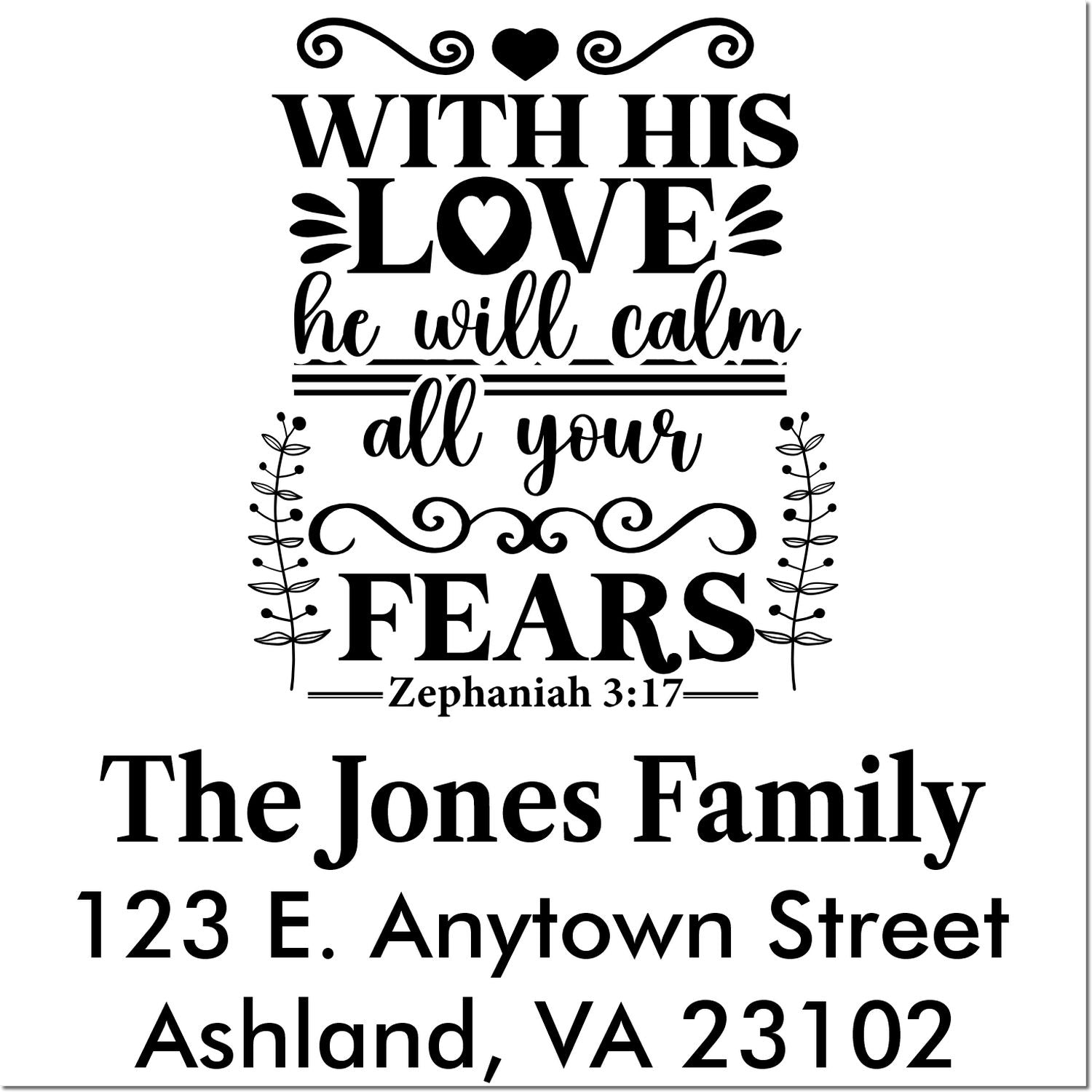 Christian return address rubber stamp with Zephaniah 3:17 quote and personalized family name and address.