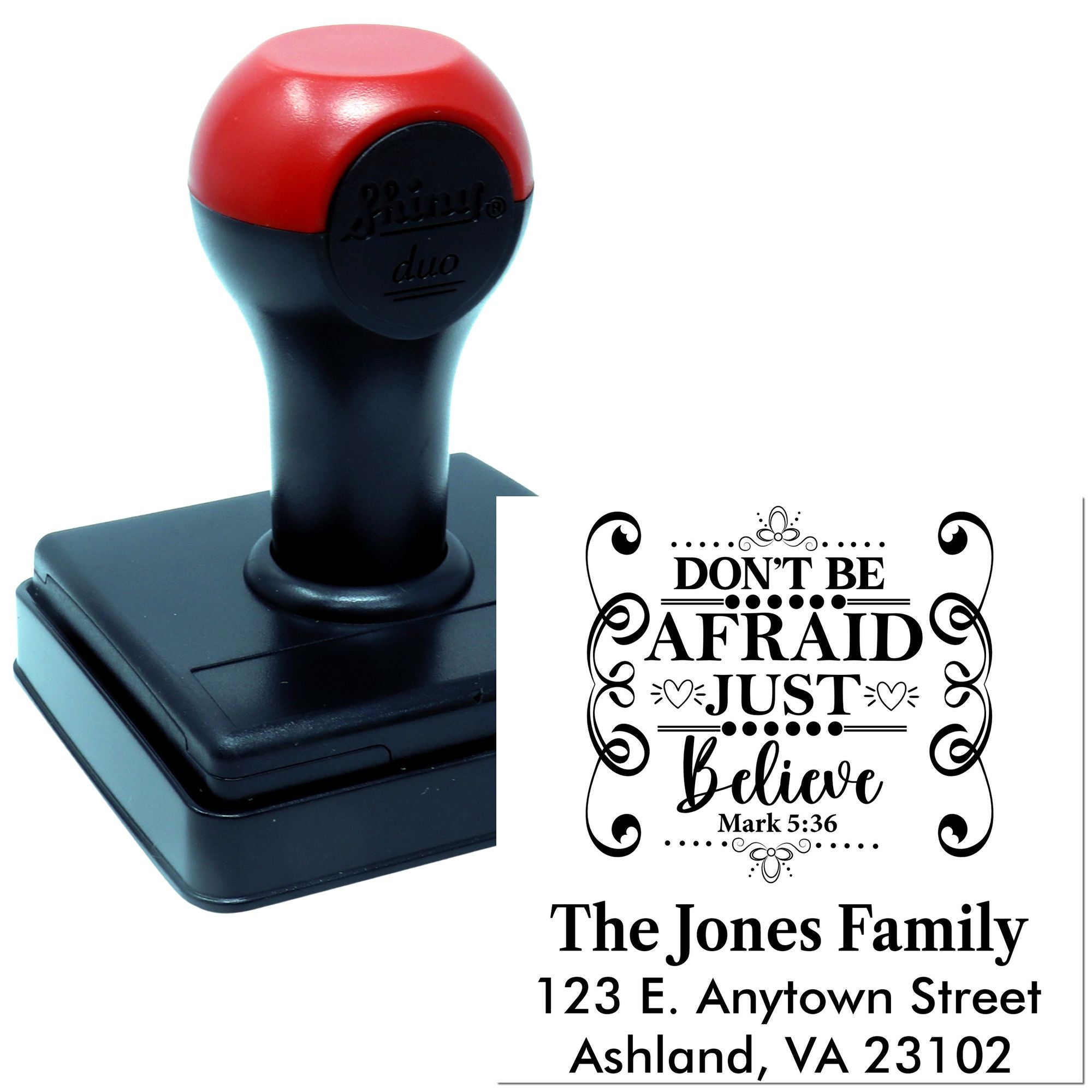 Custom self-inking rubber stamp with Bible verse design and personalized return address for Christian family mailings.