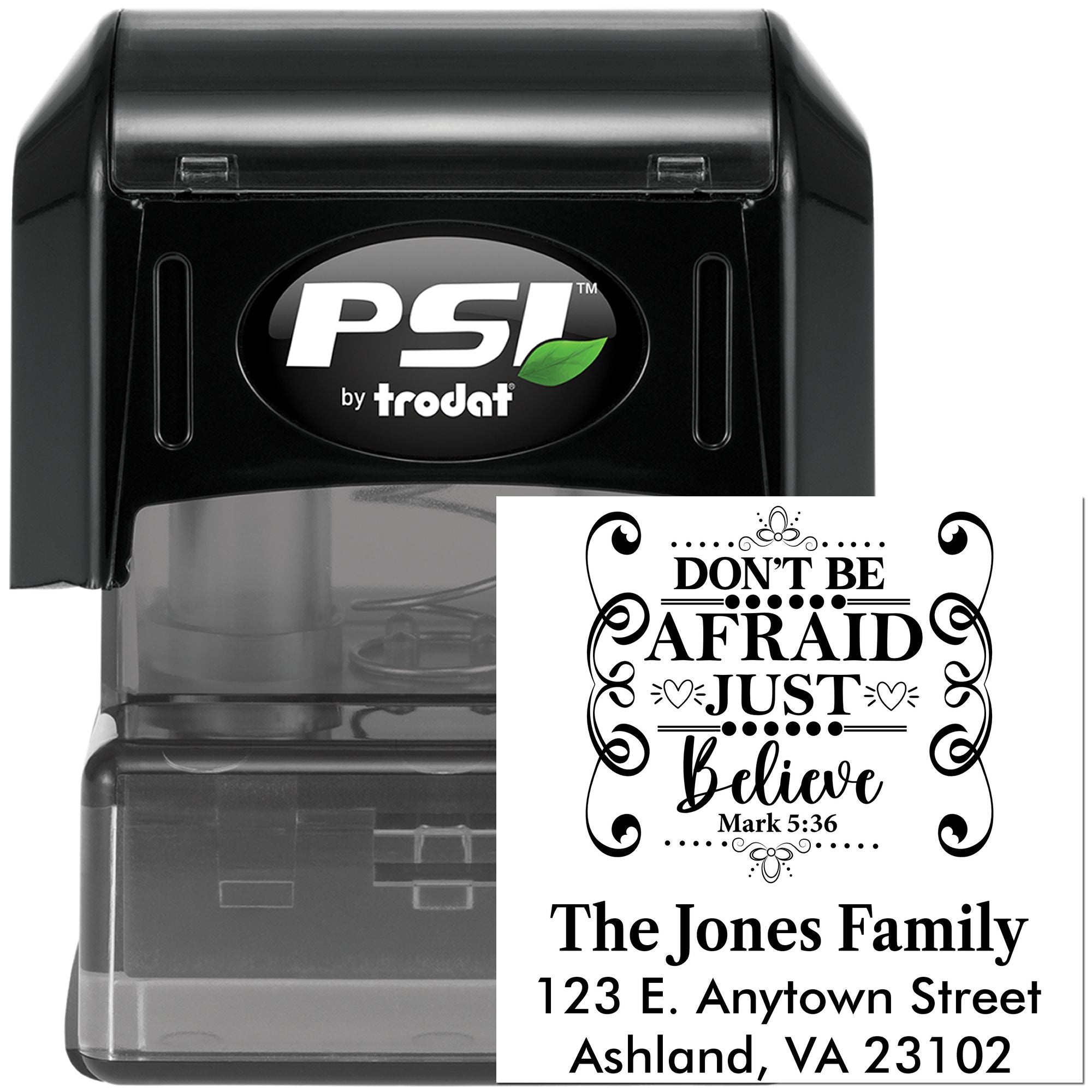 PSI by Trodat self-inking rubber stamp with custom Bible verse, family name, and address for personalized return mail.