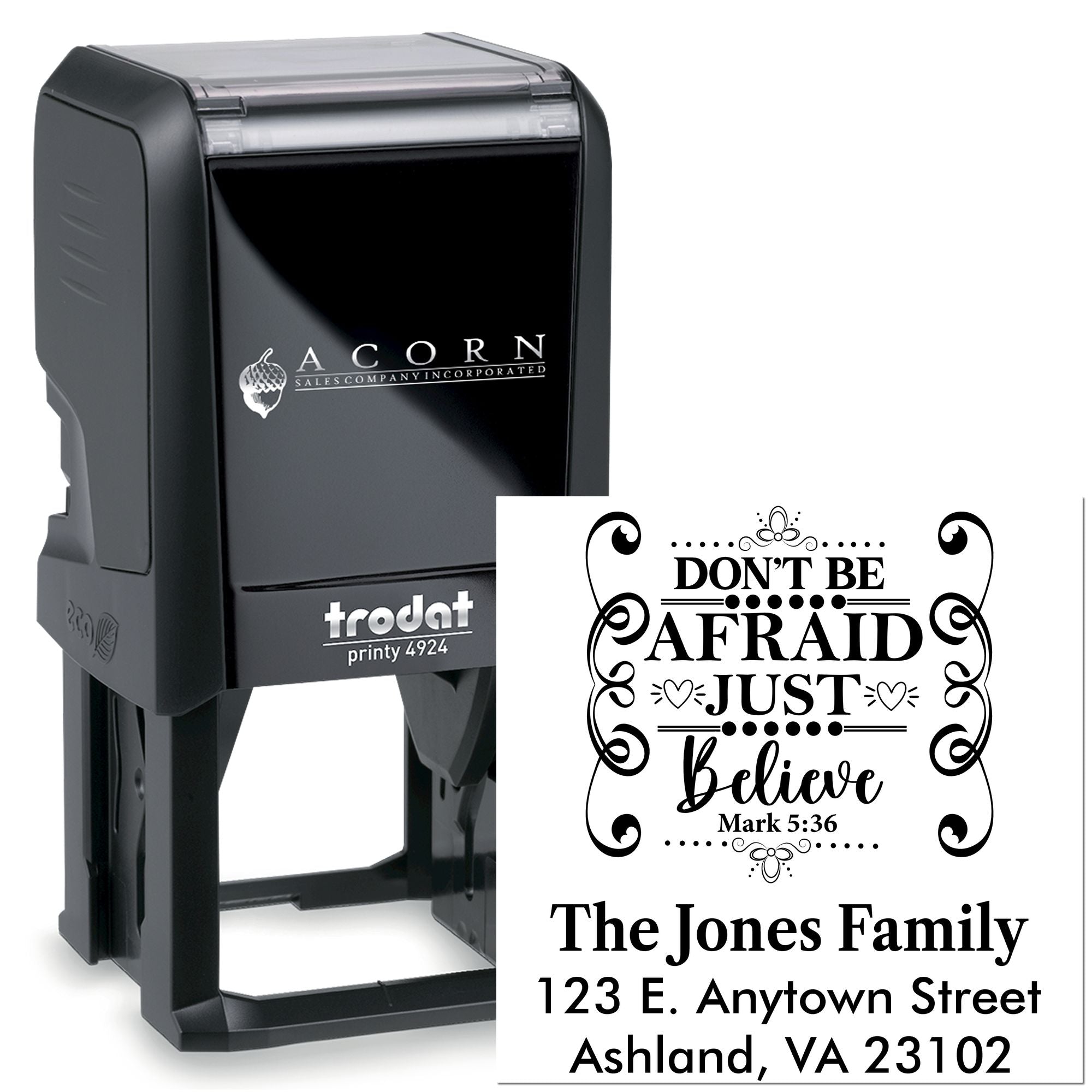 Trodat self-inking rubber stamp with custom quote and return address design for personalized family mailings.