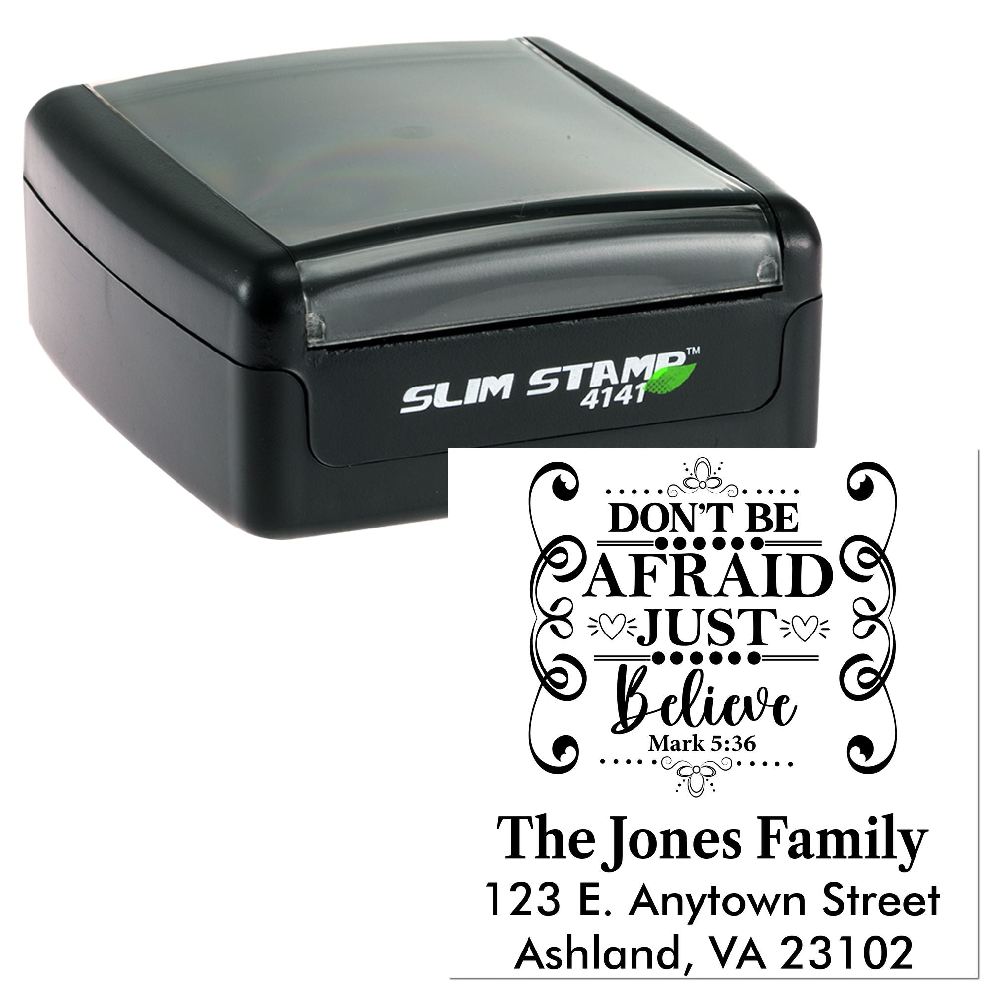 Custom self-inking rubber stamp with Bible verse design and family address, shown with Slim Stamp 4141 case.