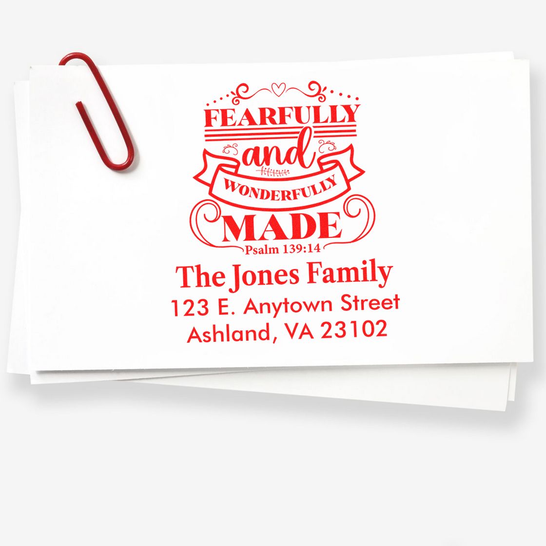 Personalized custom rubber stamp return address for The Jones Family, featuring Psalm 139:14, Fearfully and Wonderfully Made.