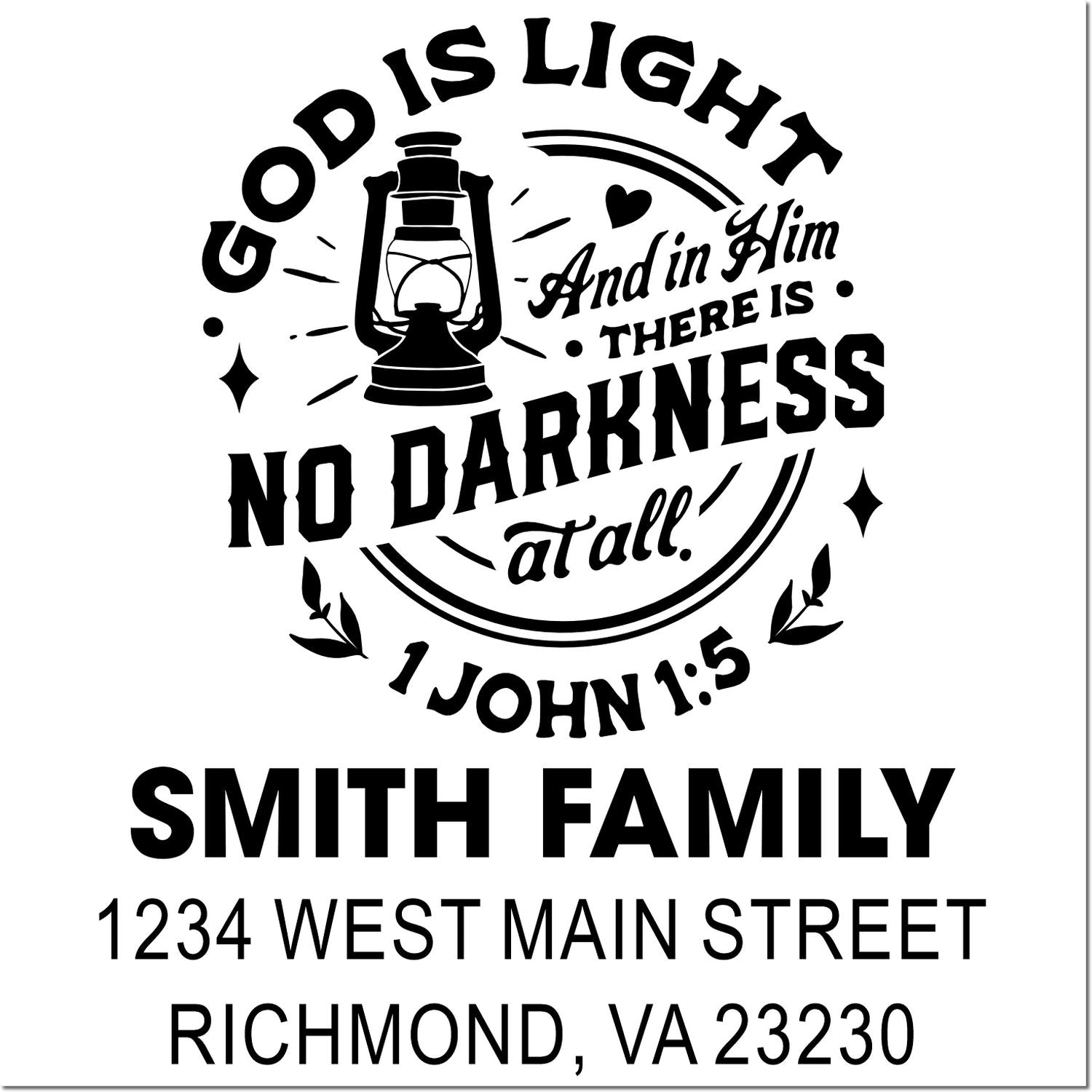 Custom Christian family return address rubber stamp featuring lantern and God is light Bible verse with Smith Family address.