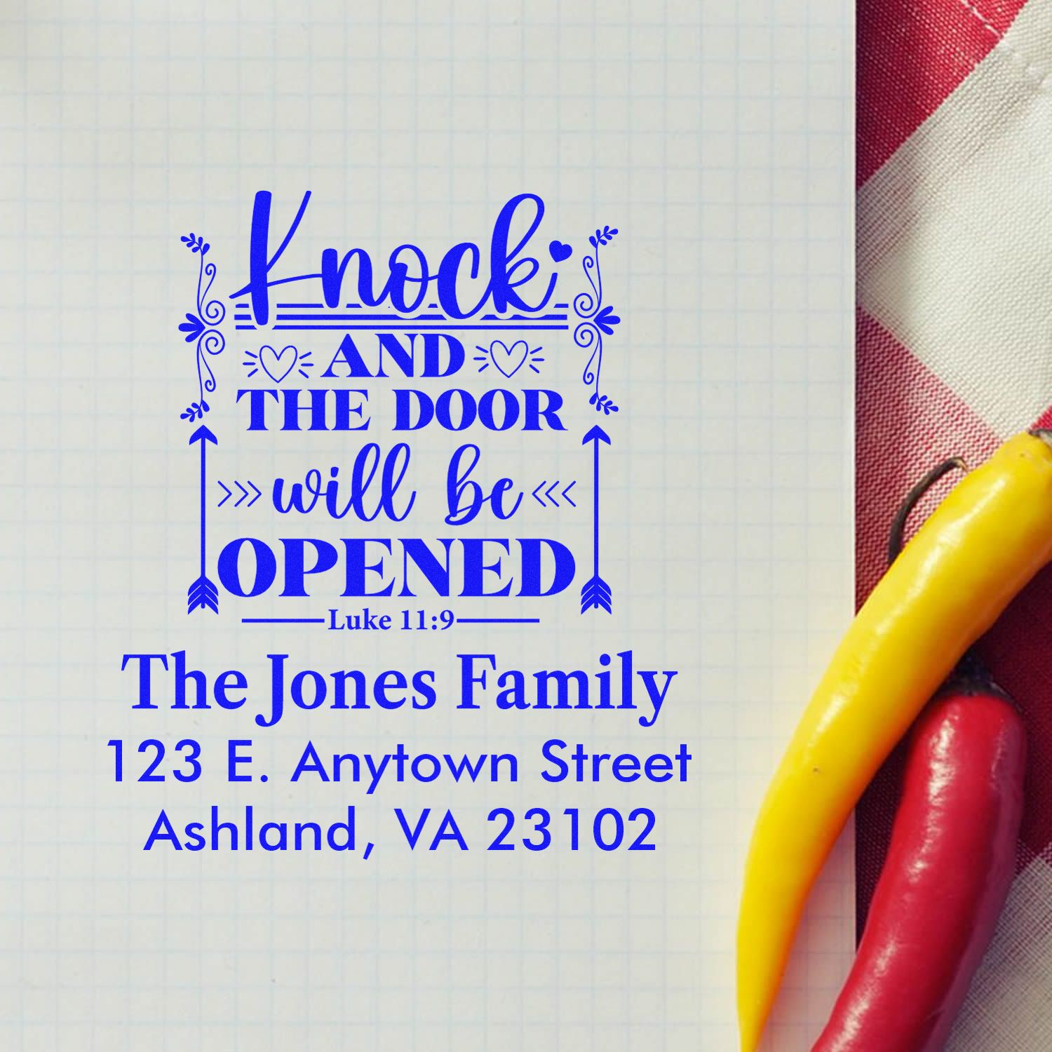 Personalized Christian return address rubber stamp with Luke 11:9 quote, family name, and address.