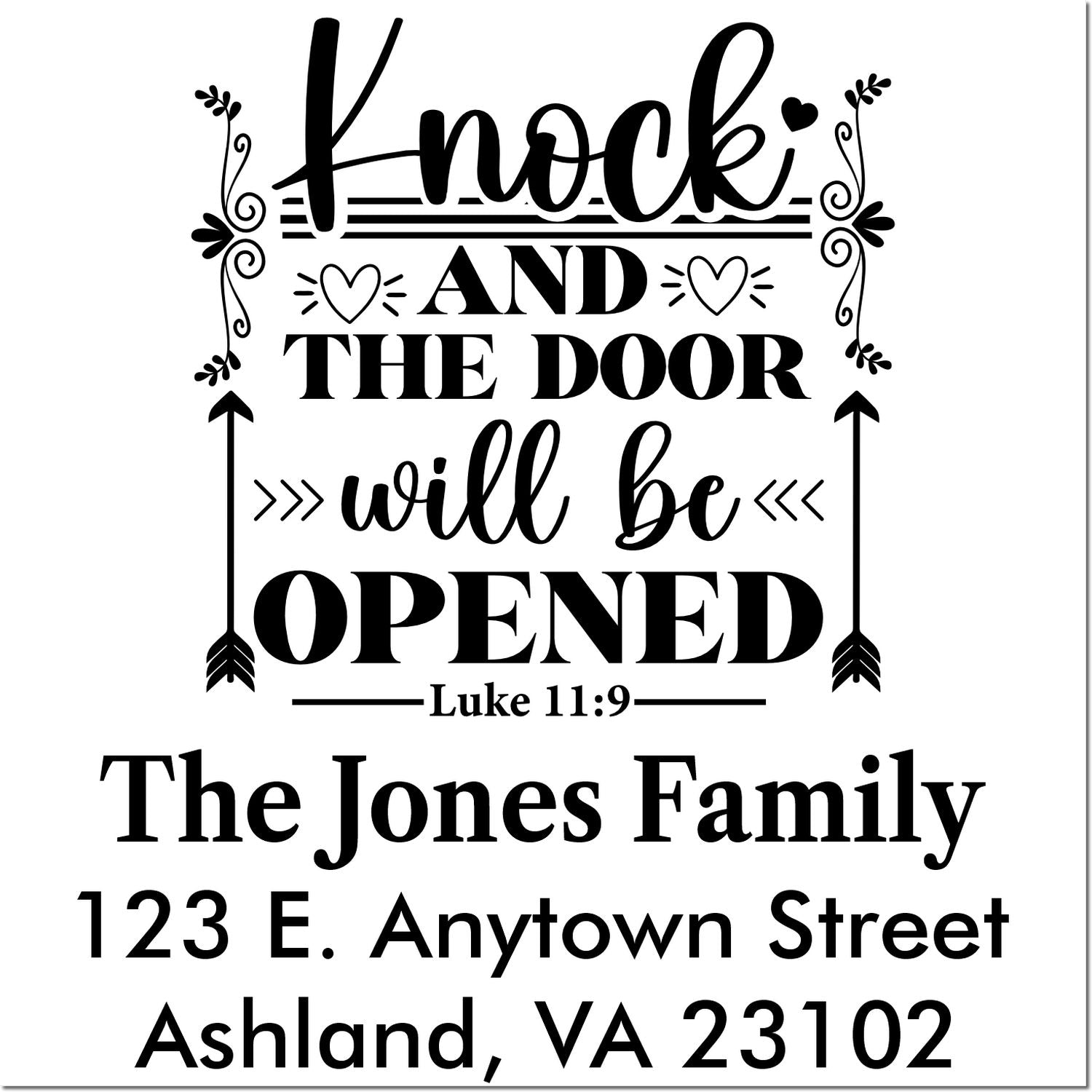 Custom Christian address rubber stamp with Luke 11:9 quote, The Jones Family name, and return address.