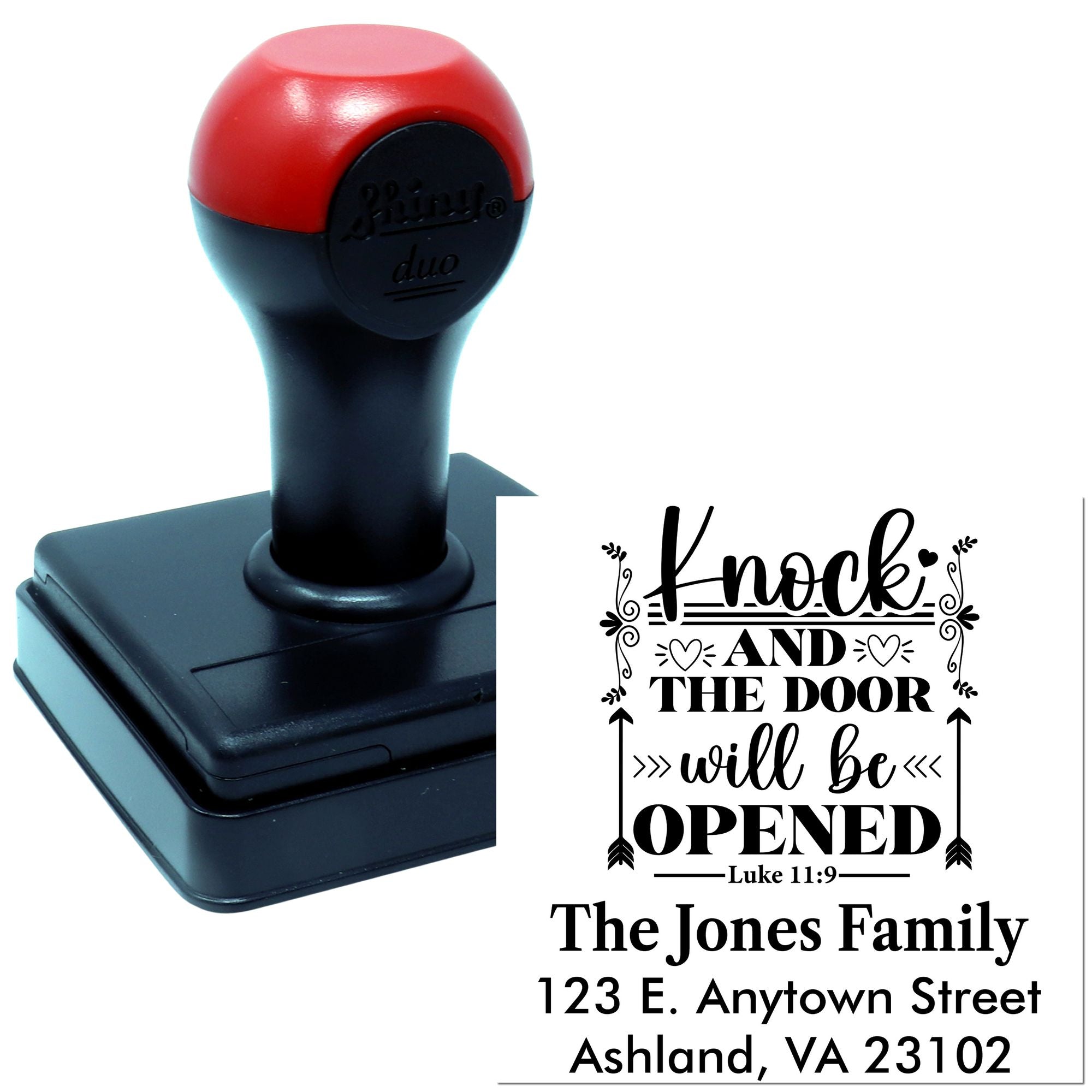Custom self-inking rubber stamp for Bible verse Knock and the Door Will Be Opened with family name and address.