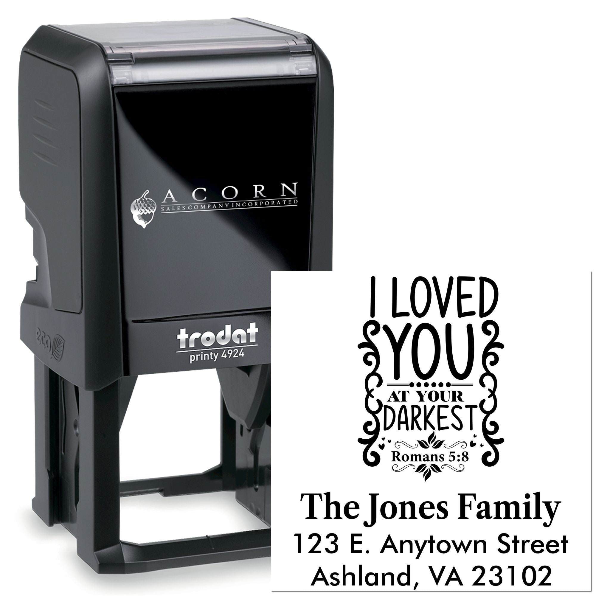 Trodat self-inking custom rubber stamp with Bible verse, family name, and return address for personalized mail.