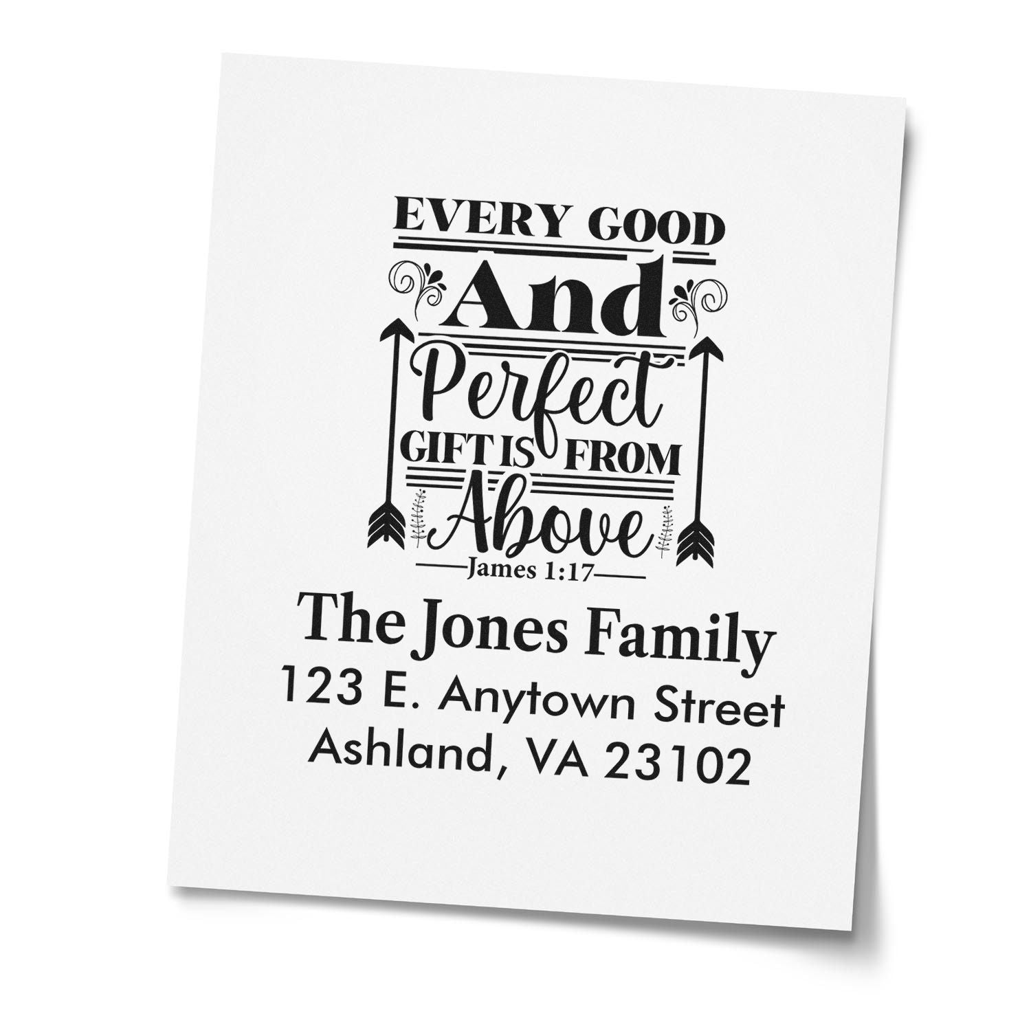 Custom return address rubber stamp with Bible verse Every good and perfect gift is from above for personalized Christian mailings