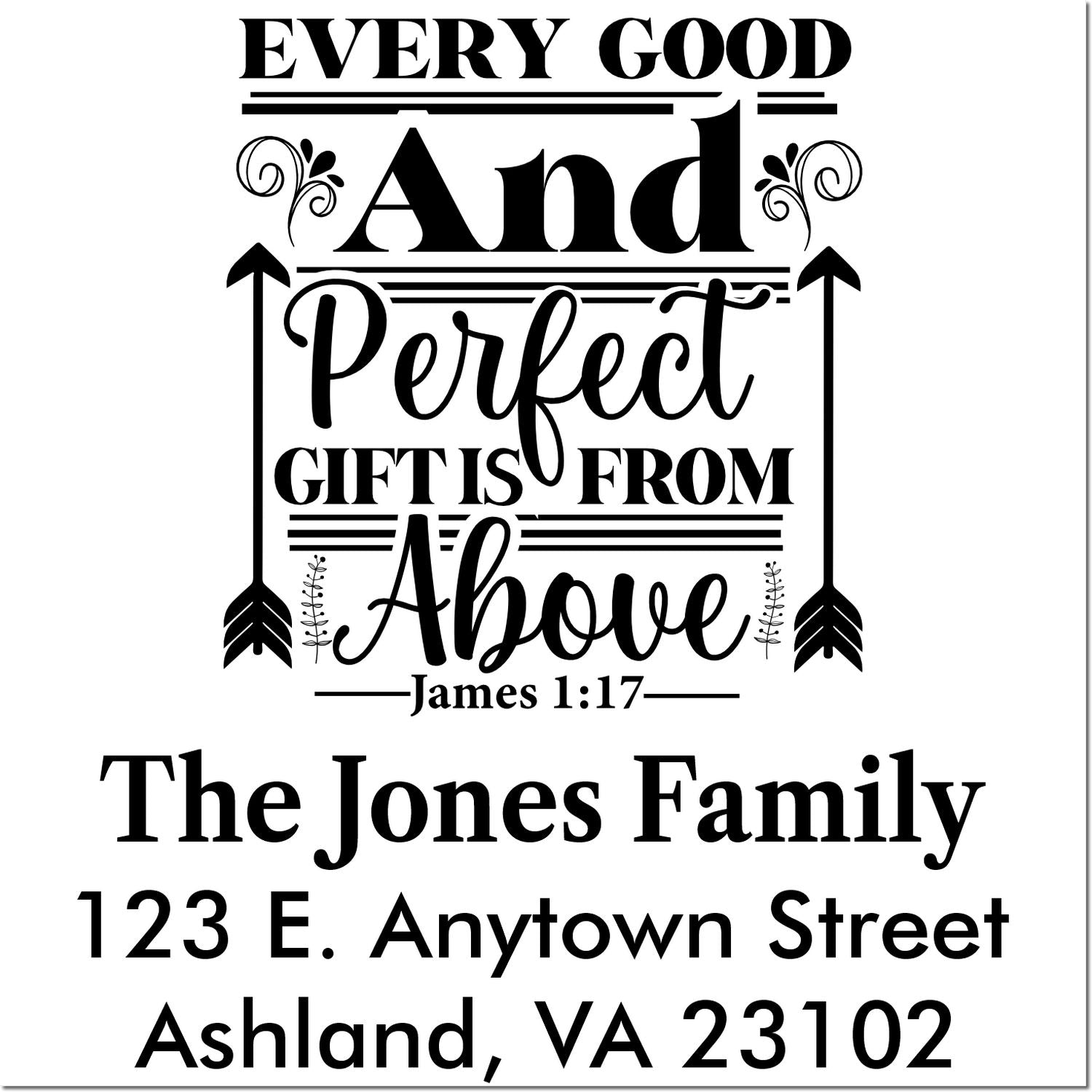 Custom return address rubber stamp with James 1:17 quote, family name, and address for Christian gifts and stationery.